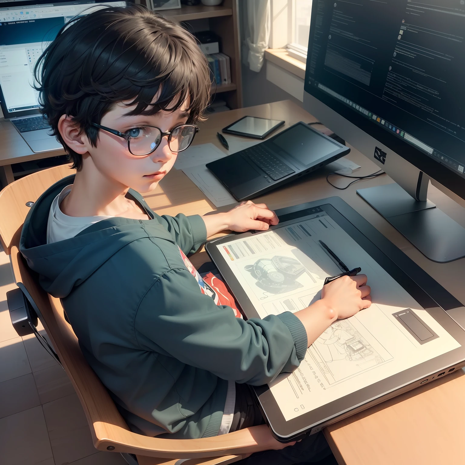 A boy sitting in a chair holds a drawing of a computer, using a magical tablet, trying to study, (webcomic), (ink mark), webcomic, thick lineart, ink mark, digitally draw on wacom tablet, as a manga panel, A laptop is placed on his lap, comic drawing, Line - Art, in front of a computer, digital comic
