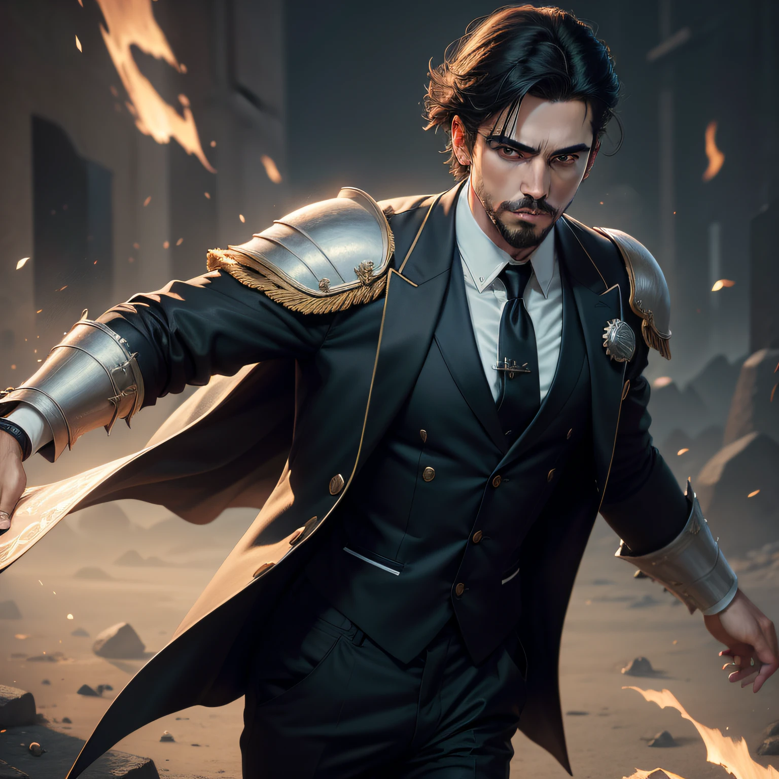 ((Best quality)), ((Masterpiece)), Realistic,4K, Masterpiece, highres, absurdres, solo, black hair, 1boy, standing, jacket, white shirt, male focus, necktie, pants, facial hair, parody, realistic, wearing epMatador outfit, electric magic, knight, armor