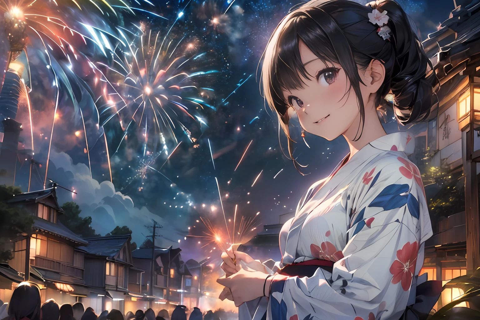 Beautiful Japan girl yukata、(Fireworks in the vast night sky),(top-quality、8K、32K、masterpiece、nffsw:1.3)、(Photorealsitic:1.4)、Raw photography、A smile:1.4、Wide Angle、hair adornments,Elegant Pose、skyrocket、Fireworks glare、depth of fields、lensflare、accurate hands