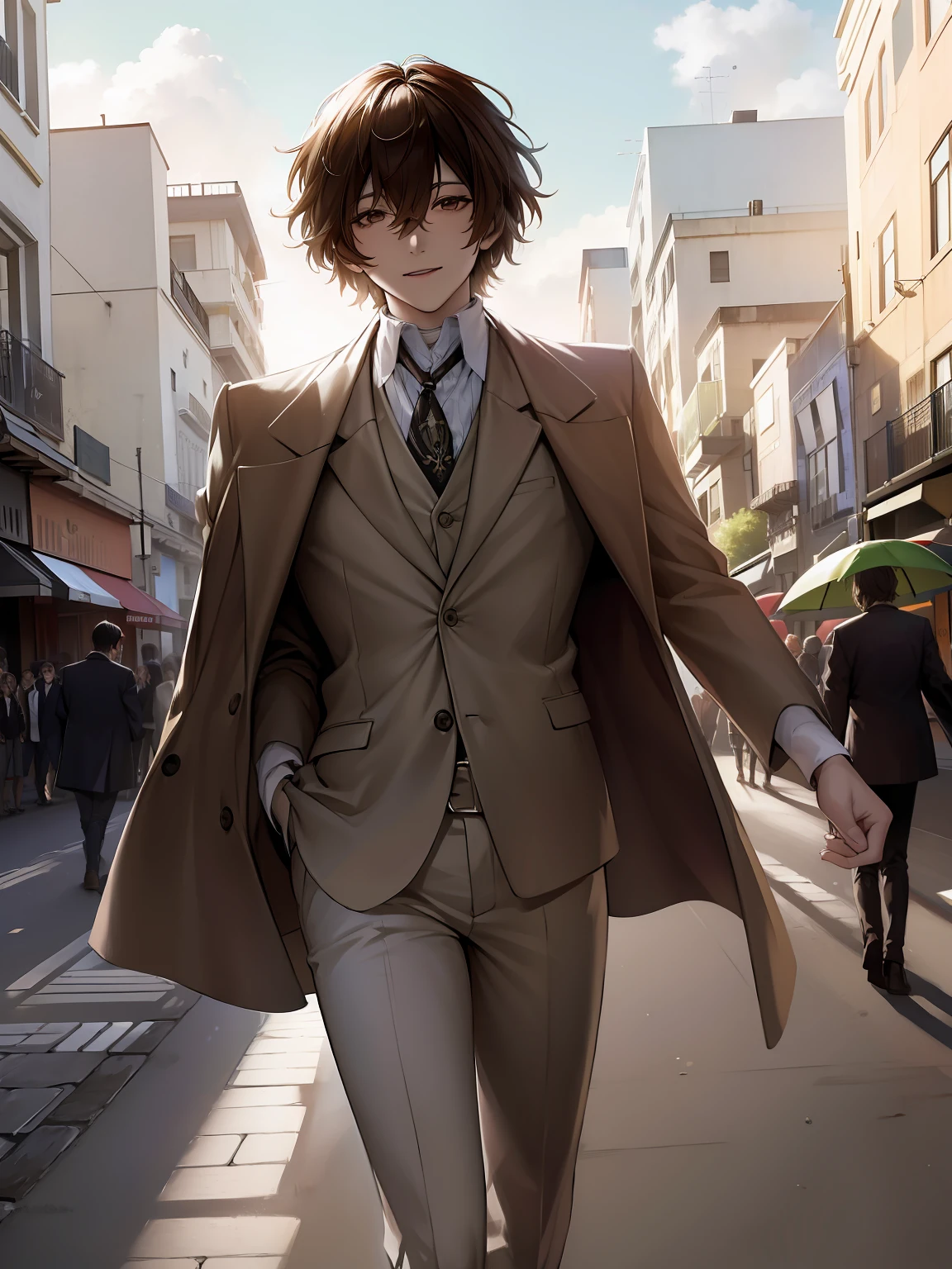 ((Obra maestra, La mejor calidad: 1.2), solamente, Enfoque masculino, 1child, Dazai Osamu, inexpresivo, brown jacket, Vendas, brown eyes, short brown hair, Caminando sonriendo por las calles de una hermosa ciudad soleada, con nubes, movie