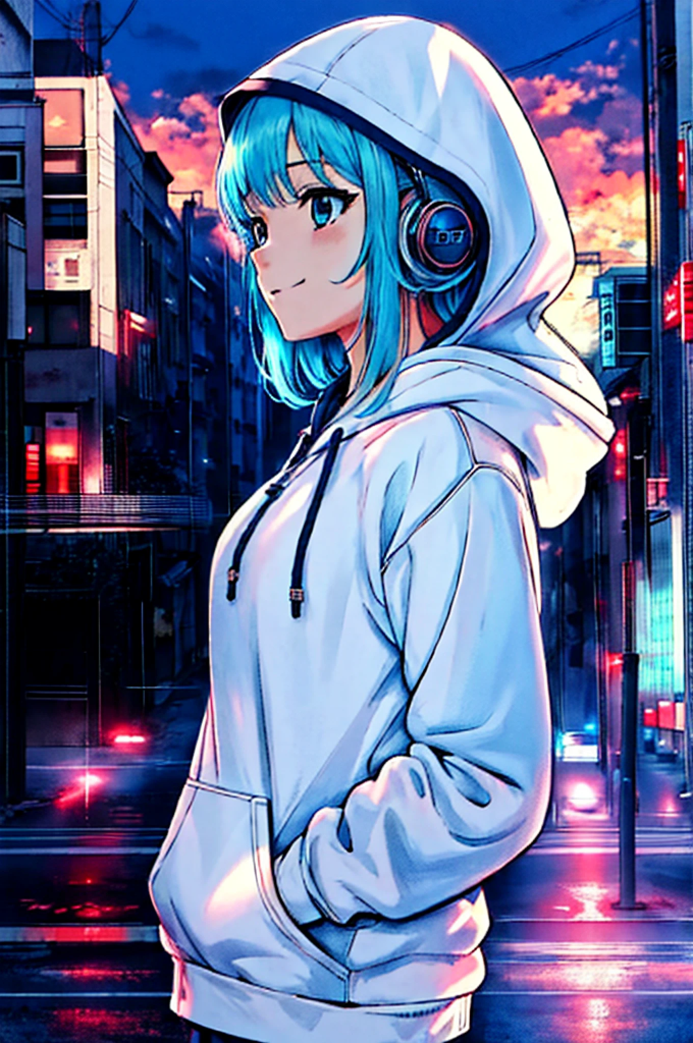 Anime girl in Hoodie standing in front of a city street, Garota de anime cyberpunk com capuz, estilo anime 4K, estilo anime. 8k, manga-style, com fones de ouvido, estilo de anime limpo e detalhado, fanart menina urbana, estilo anime moderno, estilo anime hiper detalhado, Contornos de anime limpos, 4 k manga wallpaper, com capuz, anime vibes, cores vibrantes, pintura perfeita