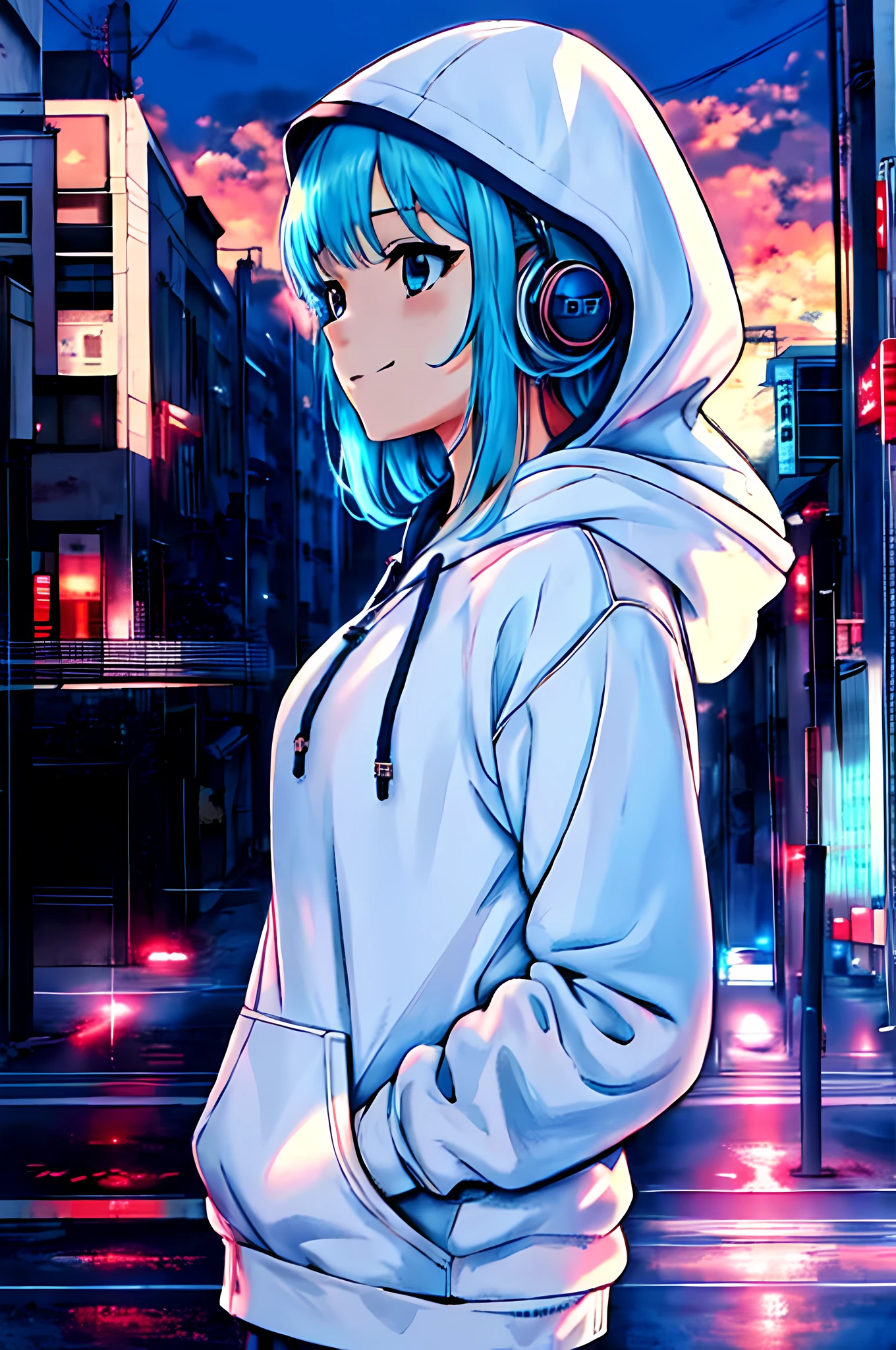 Anime girl in Hoodie standing in front of a city street, Garota de anime cyberpunk com capuz, estilo anime 4K, estilo anime. 8k, manga-style, com fones de ouvido, estilo de anime limpo e detalhado, fanart  urbana, estilo anime moderno, estilo anime hiper detalhado, Contornos de anime limpos, 4 k manga wallpaper, com capuz, anime vibes, cores vibrantes, pintura perfeita