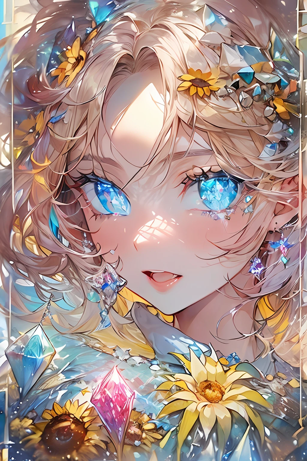 ((masterpiece、top-quality、Watercolor art(Pendants)、Official art、Beautifully Aesthetic:1.2))、(the golden ratio:1.2)、(ultra-detailliert:1.5)、(1girl in:1.3)、(Fractal Art:1.3)、full body Esbian、((Glitter pupils))、patterns、((rainbow-colored hair、colourful hair、Half dark pink hair and half dark blue hair:1.2))、colourfull、Writing、(heterochromia iridis:Red left eye and blue right eye)、(colourfull:1.5)、((Shy face))、((robe blanche))、(Hyper-detailing), ((delicate detail)), (intricate detailes), ((ciinematic light, best quality backlight)), highcontrast, ((The best lighting, extremely delicate and beautiful)), ((ciinematic light))、(ray trace reflection、brilliance)、((glowing aura))、((Radiant hair))、((The ultra-detailliert))、((8K))、((write))、Delicate beautiful face and eyes,Focus on Face, masterpiece,Shock sensation、(realisitic:0.5)、Original 2 High Saturation、((Neat and clean woman))、blue-sky、(((Shining eyes:2))),(((Crystal pupil:1.3))),(((Big eyes:1.3)))、(((Crystals in the eye:1.5))),((Onepiece))、((Face up:1.3))、((Sunnyday))、((Background with:sunflowers fields))