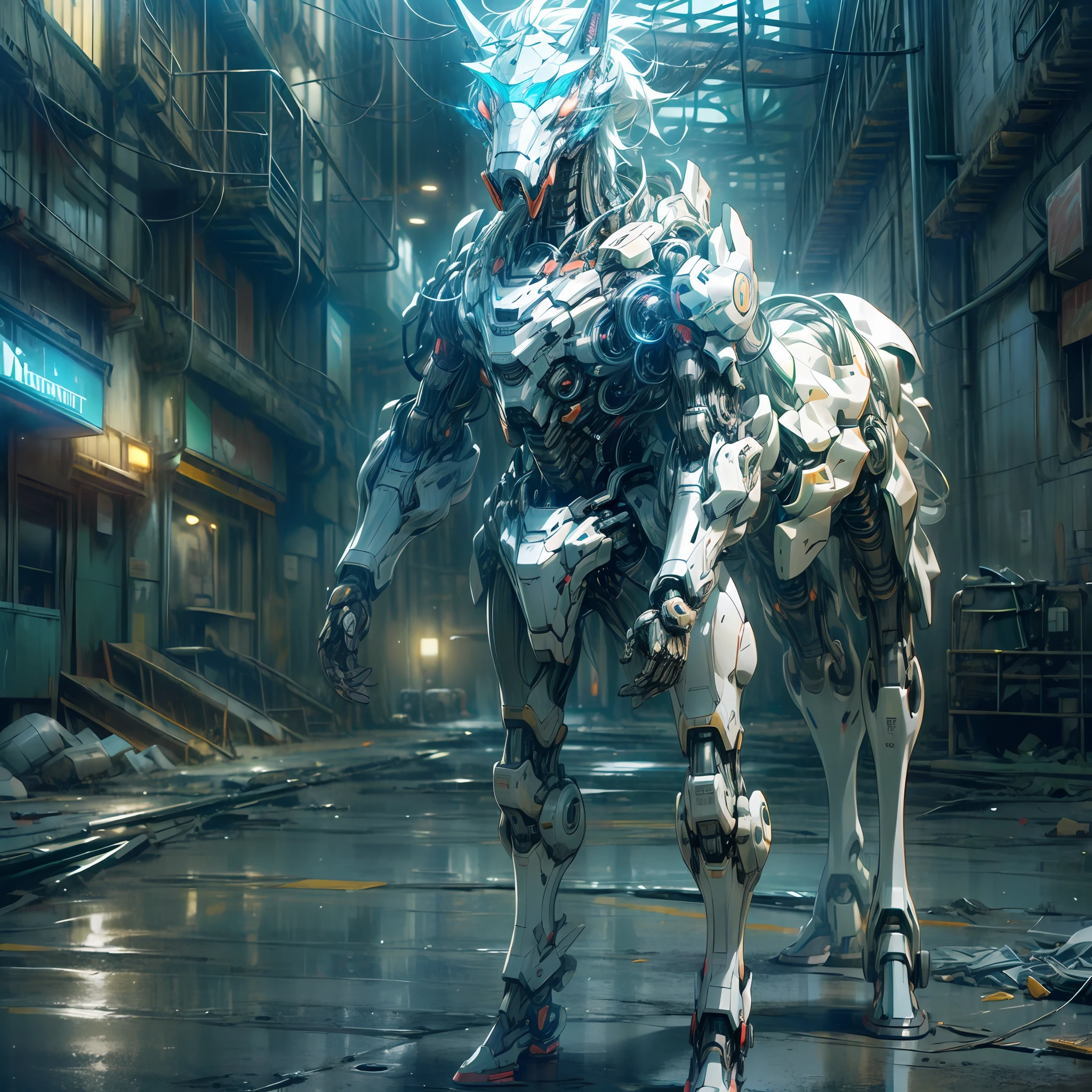 (anthropomorphism:1.5),(Full Body Shot), Cyberpunk, In the middle, 1 White Horse mecha(Mechanical style White Horse head, Blue glowing goggles, Gas mask), Standing on two legs, mechanical miracle, damaged Machine element,nobody, Moonlight, Dreamy Glow, ruined city, ( Global illumination, raytracing, HDR, unreal render,reasonable design, masterpiece, best quality, UHD, Cinematic Lighting)