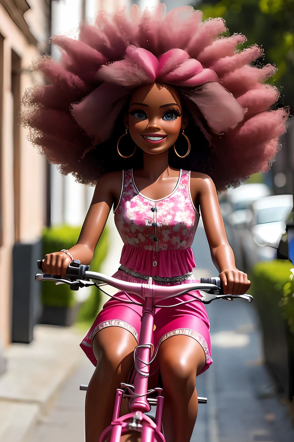 (32k, foto RAW, melhor qualidade, obra-prima: 1.2), ultra-detalhado, arte formal, fotorrealismo: 1.37, foto na parte superior do corpo, mulher ((AFRO AMERICANA,beleza, BARBIE,smiling and he smiles, pose sentada em uma bicicleta Rosa)repleta de flores rosa)