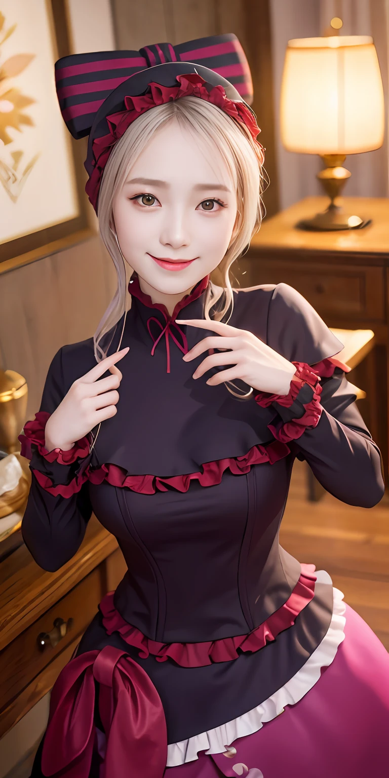 , top-quality, ShalltearV4, 1girl in, 独奏, doress, frilld, the bow, Hair Bow, tusk, Bewitching smile, pale-skinned, Shines, radiant eyes, portraitures,Complete body,