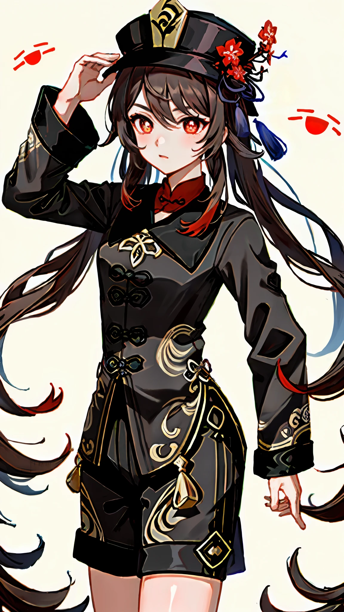 masterpiece, best quality,
1girl, hu tao (genshin impact), boo tao,hat, red eyes, twintails, brown hair, solo, symbol-shaped pupils, long hair,bangs, black shorts , chinese clothes,