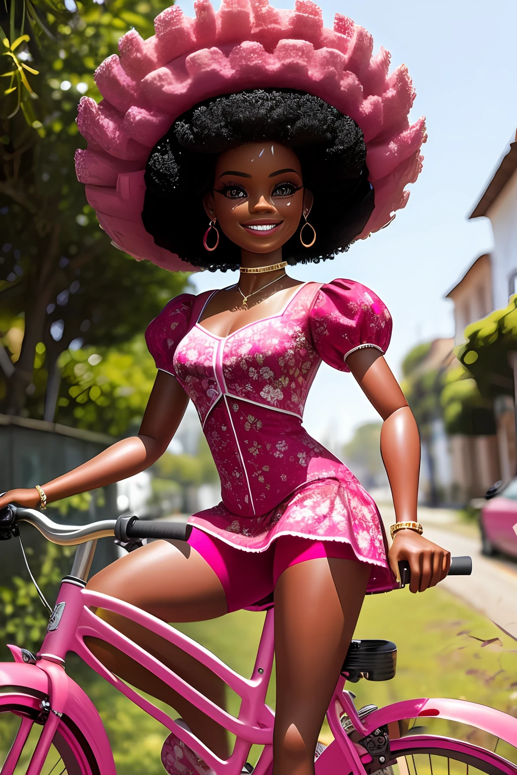 (32k, foto RAW, melhor qualidade, obra-prima: 1.2), ultra-detalhado, arte formal, fotorrealismo: 1.37, foto na parte superior do corpo, mulher ((AFRO AMERICANA,beleza, BARBIE,smiling and he smiles, pose sentada em uma bicicleta Rosa)repleta de flores rosa)
