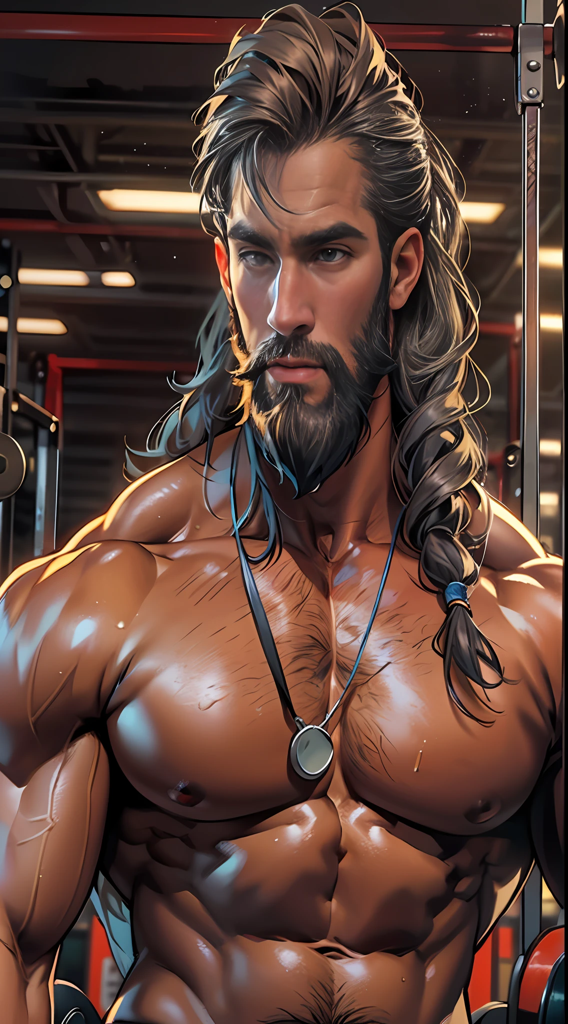 Robust athlete man, upper body revealed, legs uncovered from thighs to feet, bearded with beaded accents, flowing long curls, meticulous muscle definition, lifelike representation, 4K quality. Background: Gymnasium with weights and exercise equipment.,32k uhd, best quality, masterpiece, super detail, high details