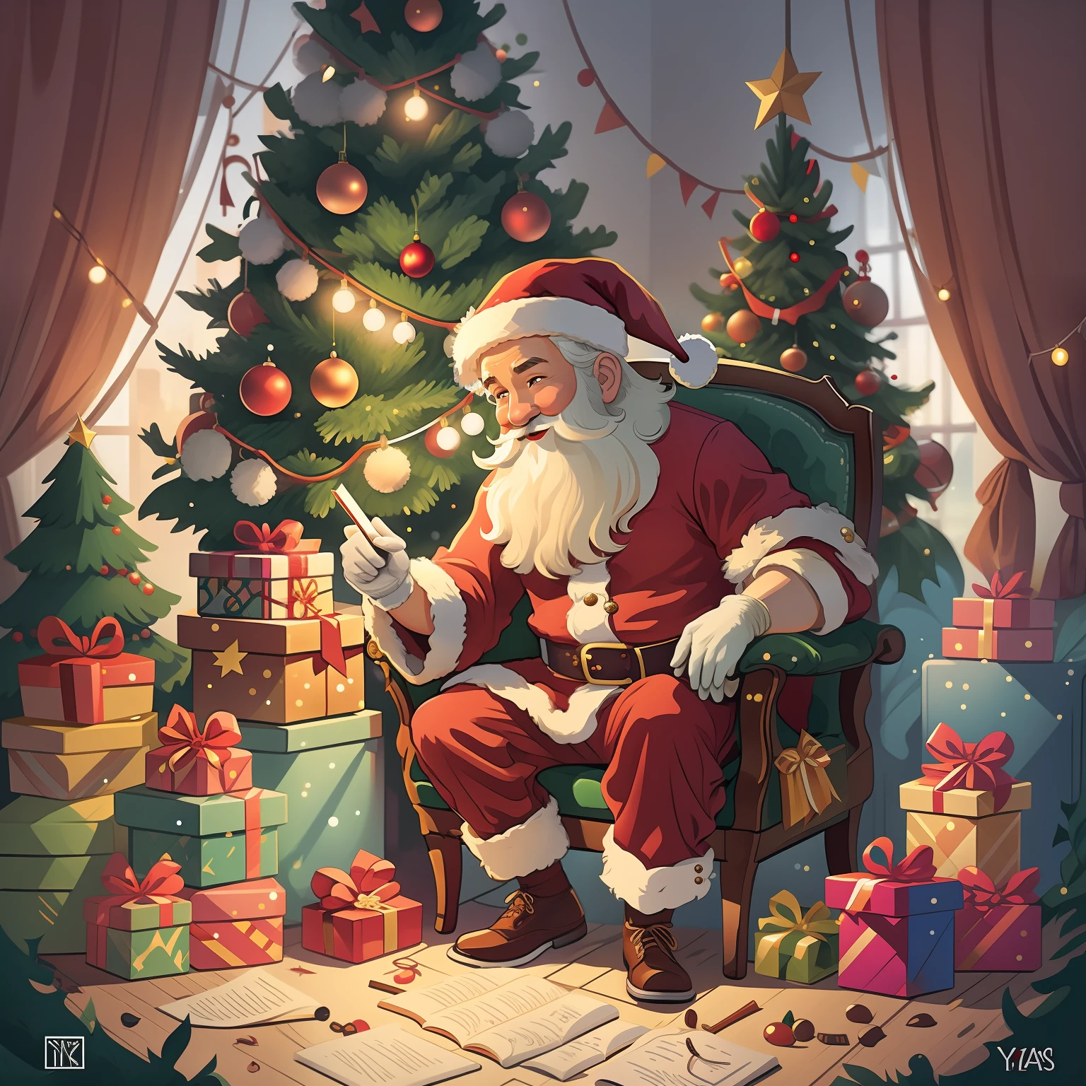 Santa Claus sitting on a chair with a book and a Christmas tree, santa claus, santa claus, by Ryan Yee, santa, by Kanbun Master, Nikola Avramov, by Brian Thomas, by Victor Wang, Santa's Workshop, Patrick Brown, Christmas, by Tadeusz Pruszkówski, by Yang J, by Adrian Zingg