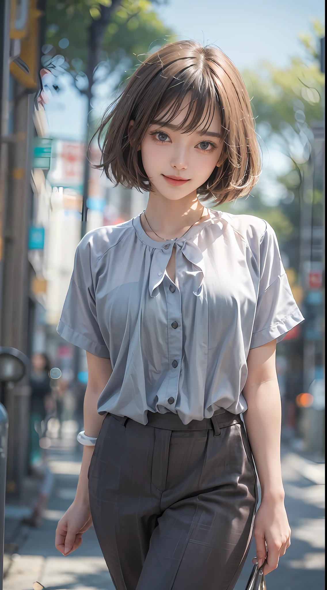 Masterpiece, 1 beautiful girl, detailed eyes, swollen eyes, top quality, super high res, (realism: 1.4), original photo, cinematic lighting, Japanese, very beautiful, beautiful skin, slender, (super realistic), (high res), (8K), (very detailed), (beautifully detailed eyes), (super detailed), ( (detailed face), looking at viewer, very smiling, looking straight ahead, black colored eyes, body facing forward, bright street trees, brown hair color, short cut, urban street trees in background, pretty light blue Y shirt,