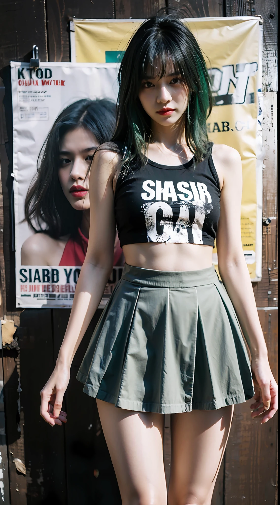 She has long green hair，Wasteland punk style，Wear a yellow and white striped t-shirt，Lace skirt，Long legs，Black-gray tones，Shabby poster wall with background，tmasterpiece,Need,photorealestic，k hd，photography lighting，16k