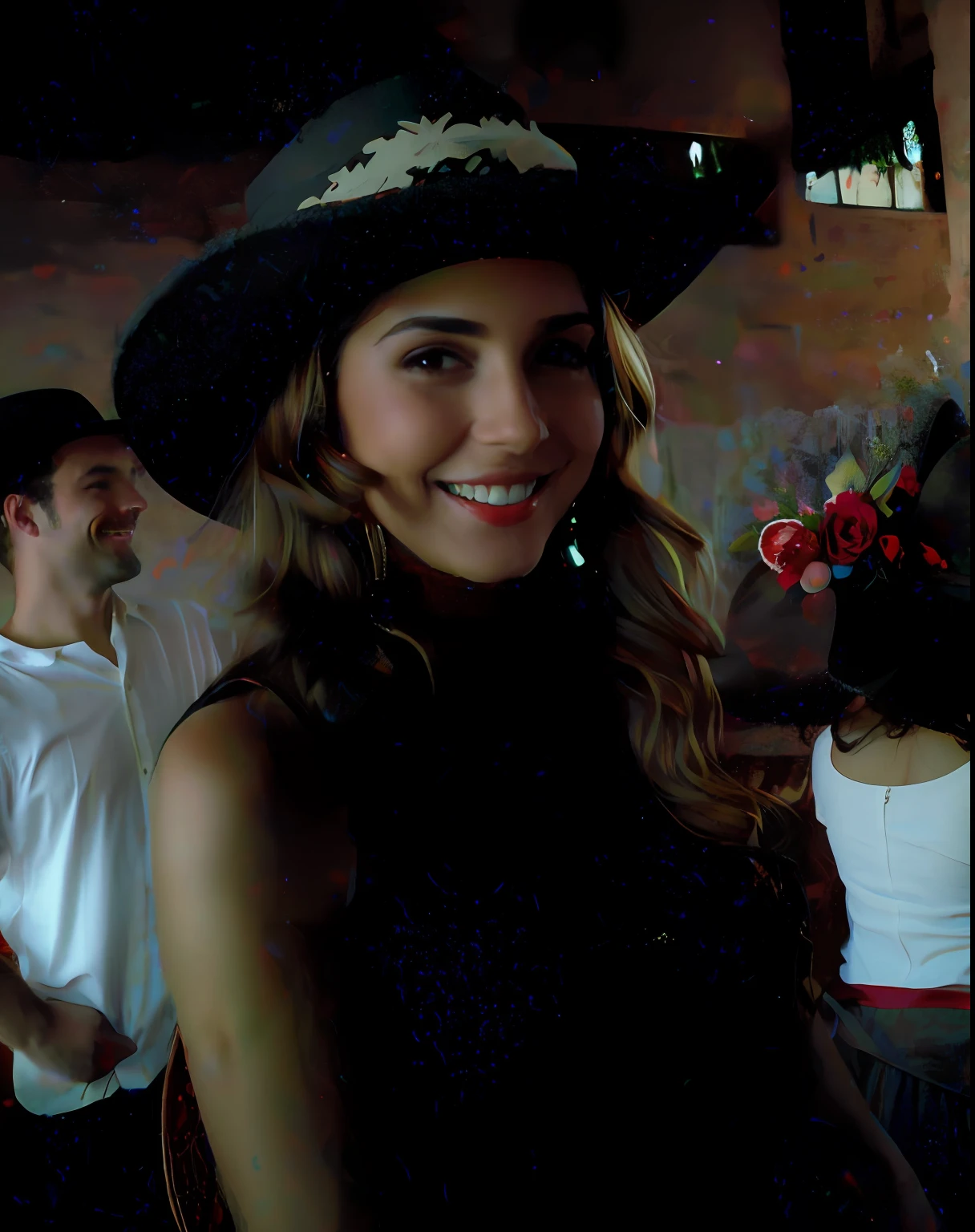 Smiling woman in a hat and a man in a white shirt, with hat, vaqueira, with a weird hat, wearing a cowboy hat, vaca-, She is wearing a hat, wearing black dress and hat, wearing cowboy hat, wearing black old dress and hat, it's wearing a cute little hat, Parece Laura Barriales, Cowgirl ocidental