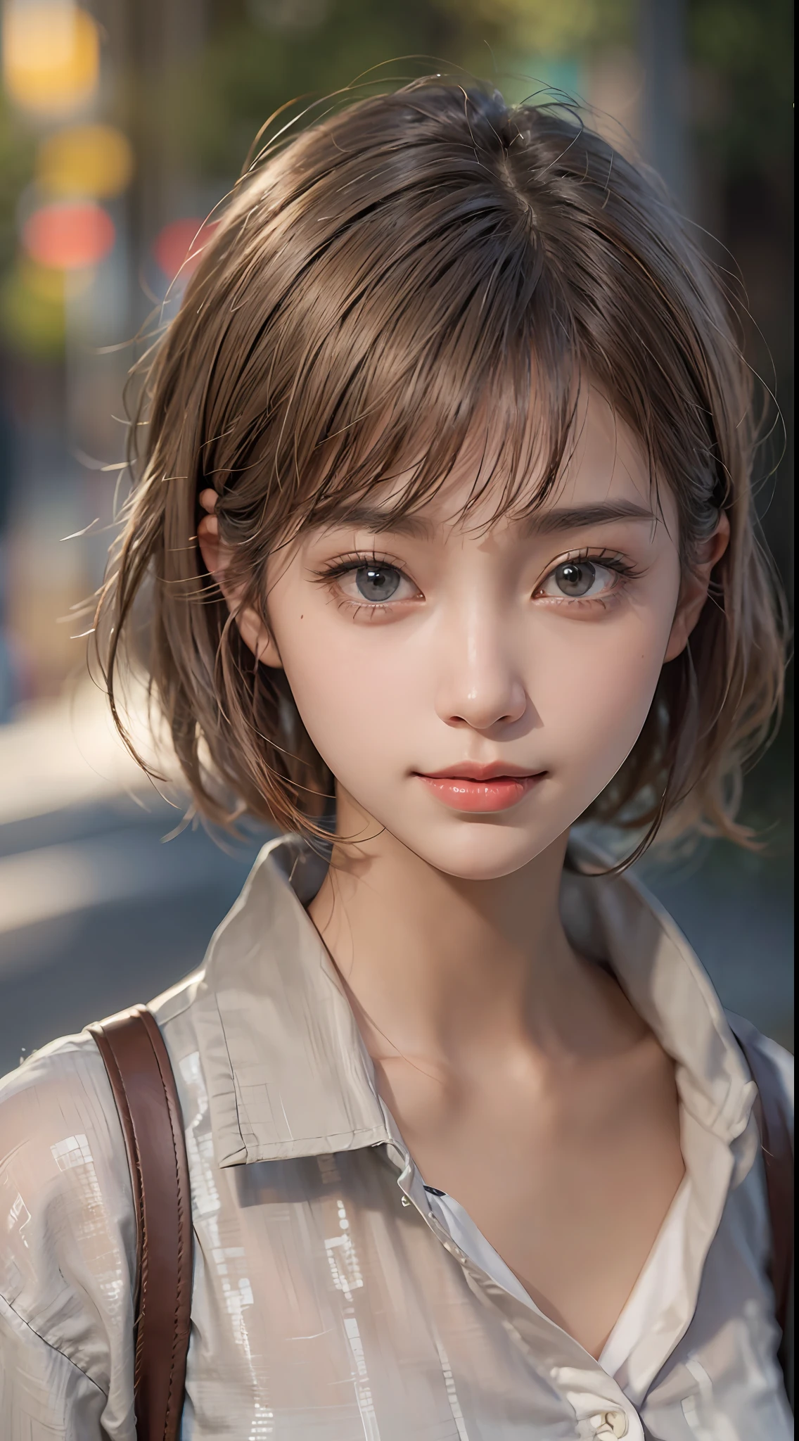 Masterpiece, 1 beautiful girl, detailed eyes, swollen eyes, top quality, super high res, (realism: 1.4), original photo, cinematic lighting, Japanese, very beautiful, beautiful skin, slender, (super realistic), (high res), (8K), (very detailed), (beautifully detailed eyes), (super detailed), ( (detailed face), looking at viewer, very smiling, looking straight ahead, black colored eyes, body facing forward, bright street trees, brown hair color, short cut, urban street trees in background, pretty light blue Y shirt,