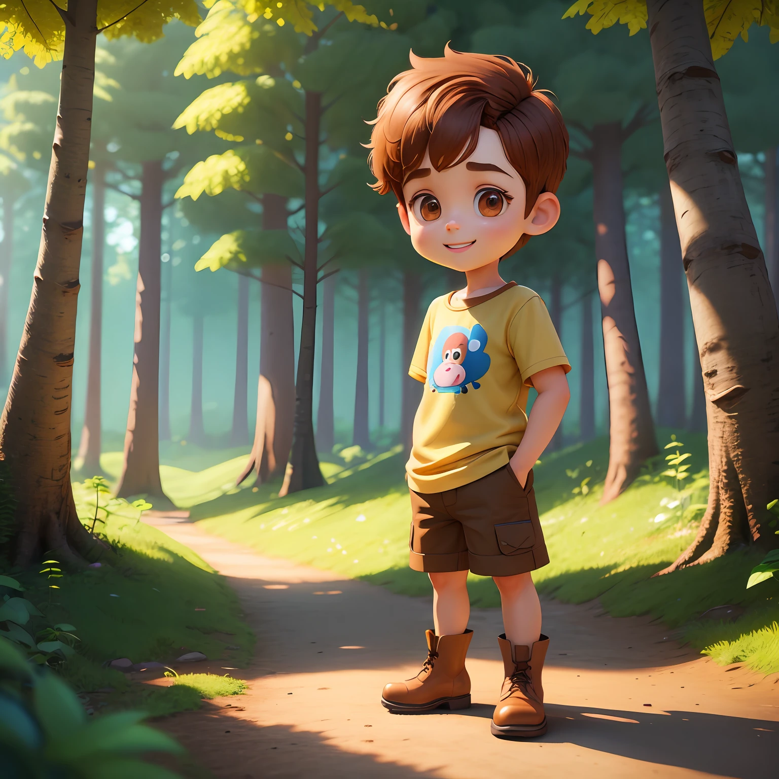 happy cute boy standing with short hair, wearing brown shorts, cream shirt, brown boots outdoors, forest background, toon, pixar style, 3d, cartoon, detailed face, asymmetrical