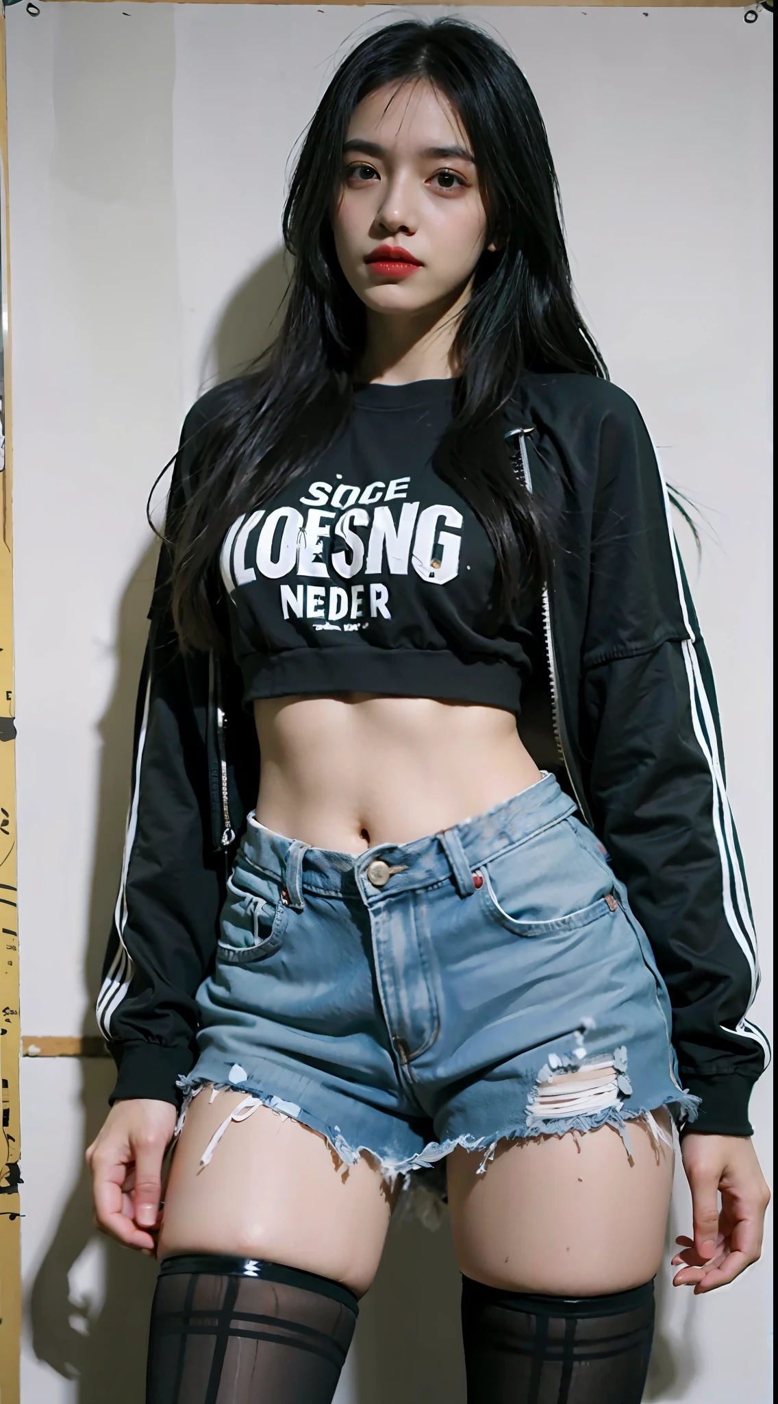 She has long green hair，Wasteland punk style，Wear a lace sweatshirt，Denim skirt，Long legs，Black-gray tones，Shabby poster wall with background，tmasterpiece,Need,photorealestic，k hd，photography lighting，16k