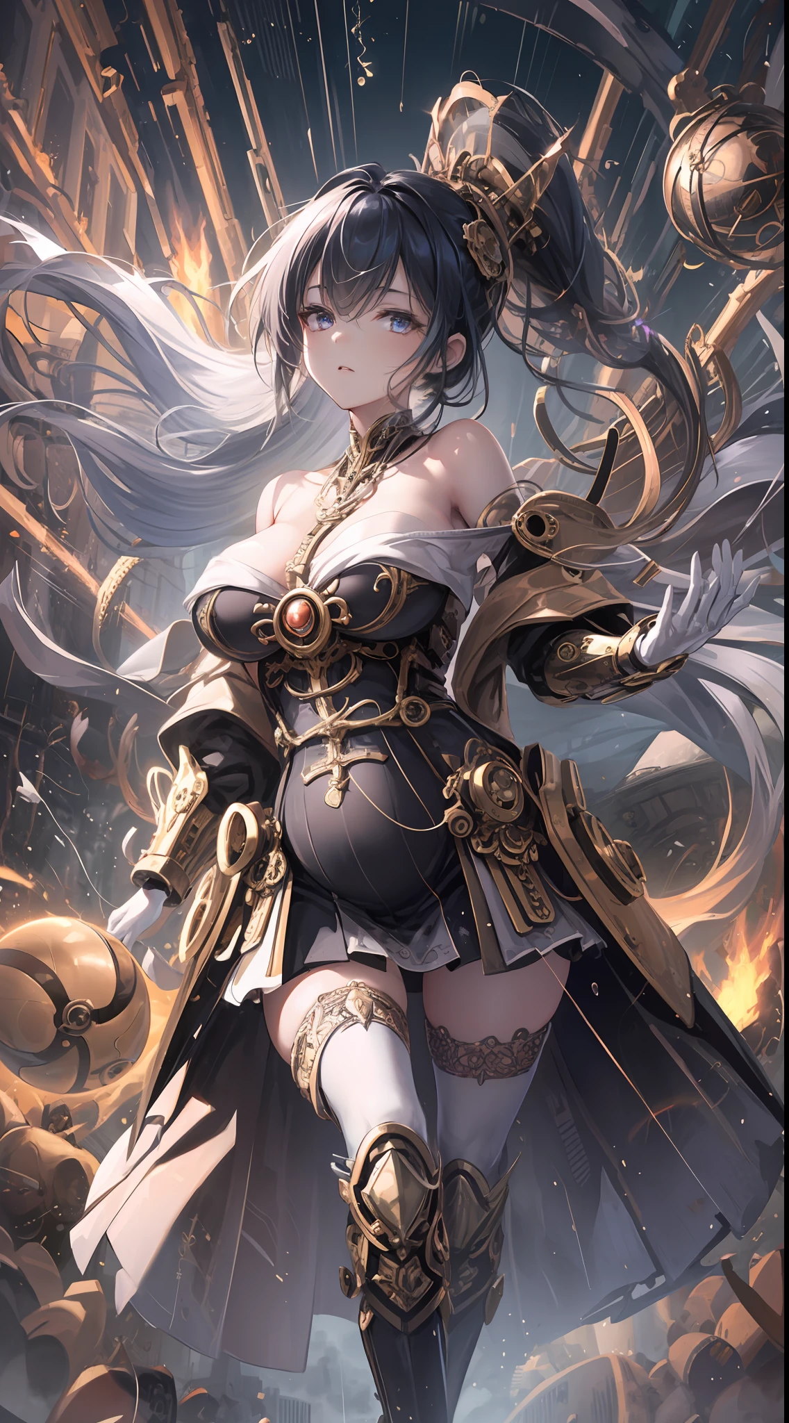 ((Super Best Quality)), (Very Masterpiece)), (Super detail:1.4), android mage girls, Mechanical body, Dynamic action poses in battle scenes, Very complex and heavy fighter mechanical weapons, Off-the-shoulder fashion fused with detailed and intricate steampunk and detailed gothic lolita, very slender long legs, Mechanical boots above the knee, intricate steampunk headgear, fluttering lace flared mini skirt, upturned and beautiful little breasts, Beautiful long silver hair, long vertical curly hair, Wind driven, countless glowing large spheres flying around, a lot of sparks crossing and splashing, poses that invoke magic, large spheres of light spinning and flying, countless neon lights raining down from the heavens, Cinematic lighting overlooks the setting of a burning futuristic and sophisticated steampunk factory.Pregnant belly, maternity attire for pregnant women，maternity dress，pregnant belly，Pregnant belly