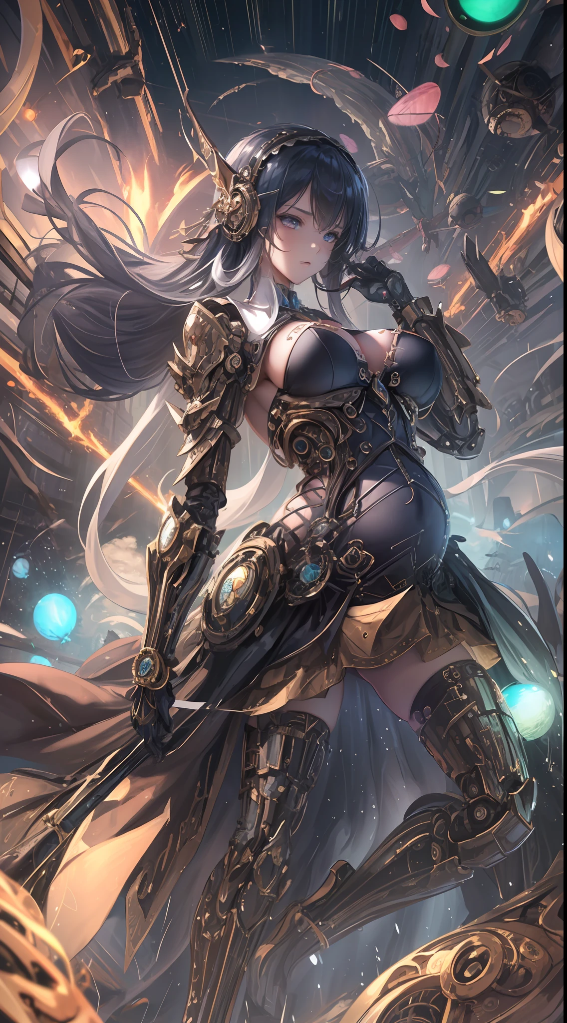 ((Super Best Quality)), (Very Masterpiece)), (Super detail:1.4), android mage girls, Mechanical body, Dynamic action poses in battle scenes, Very complex and heavy fighter mechanical weapons, Off-the-shoulder fashion fused with detailed and intricate steampunk and detailed gothic lolita, very slender long legs, Mechanical boots above the knee, intricate steampunk headgear, fluttering lace flared mini skirt, upturned and beautiful little breasts, Beautiful long silver hair, long vertical curly hair, Wind driven, countless glowing large spheres flying around, a lot of sparks crossing and splashing, poses that invoke magic, large spheres of light spinning and flying, countless neon lights raining down from the heavens, Cinematic lighting overlooks the setting of a burning futuristic and sophisticated steampunk factory.Pregnant belly, maternity attire for pregnant women，maternity dress，pregnant belly，Pregnant belly