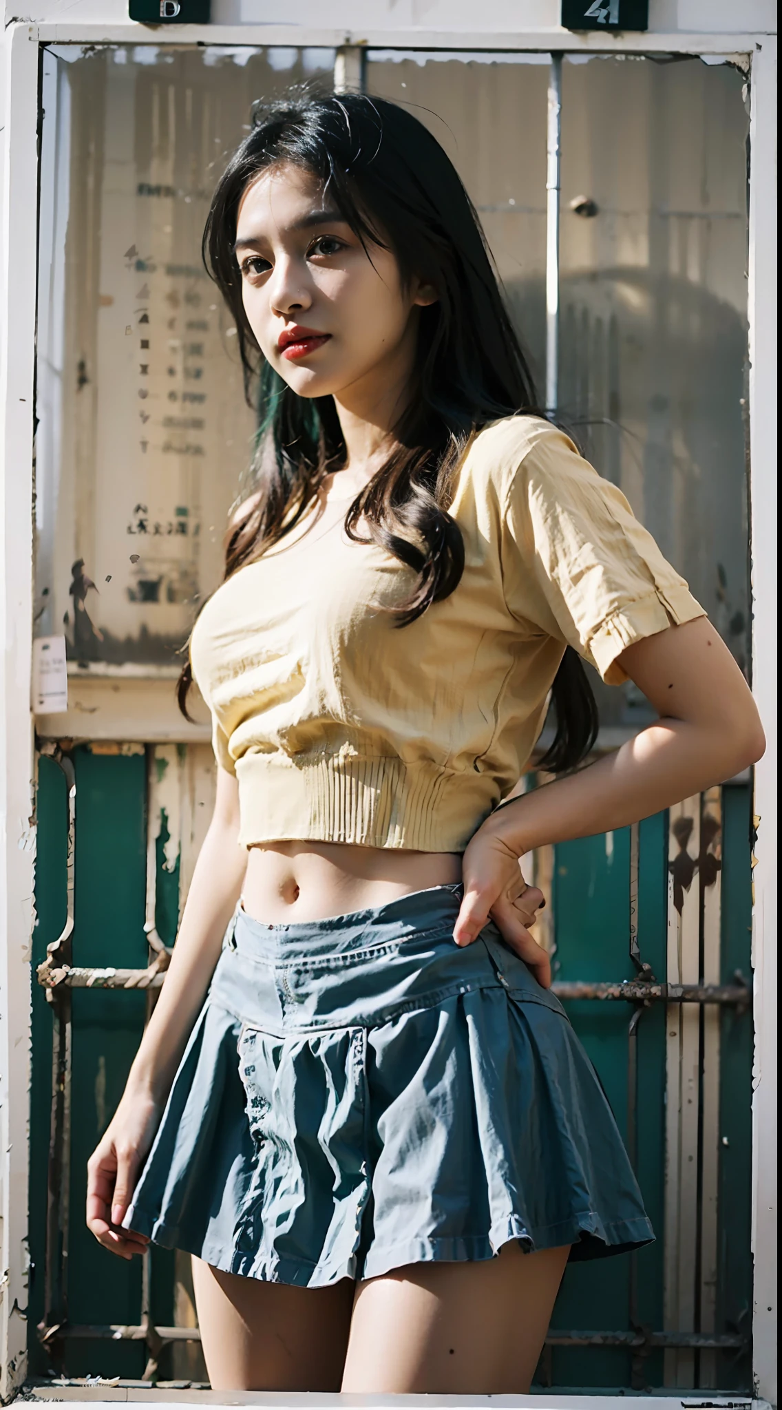 She has long green hair，Wasteland punk style，Wear a yellow and white striped t-shirt，Lace skirt，Long legs，Black-gray tones，Shabby poster wall with background，tmasterpiece,Need,photorealestic，k hd，photography lighting，16k