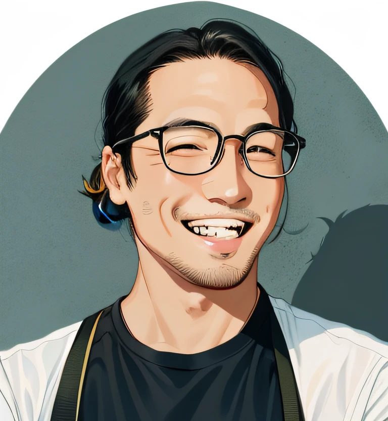 Wearing glasses、Smiling man in black open collar shirt, taken in the early 2020s, You have permed hair in a ponytail