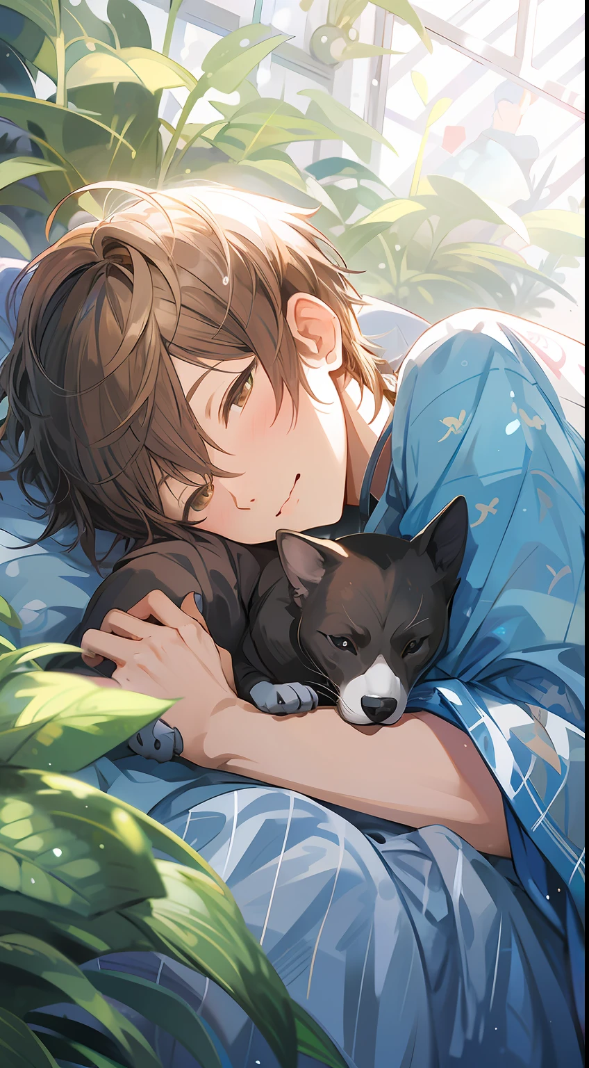Anime boy lying in bed with dog on his lap, kawacy, artwork in the style of guweiz, Makoto Shinkai and ArtGerm, soft anime illustration, makoto shinkai and (cain kuga), guweiz on pixiv artstation, by Shitao, Trending on ArtStation pixiv, by Kamagurka
