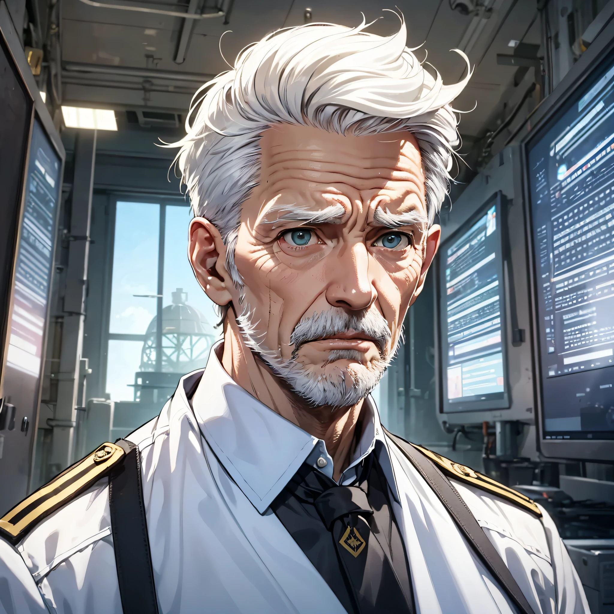 1 old man with short white hair dressed as a commander，Expressions of surprise and shock（1.2），In the background is a large scientific observatory，There are a lot of big screens，mike