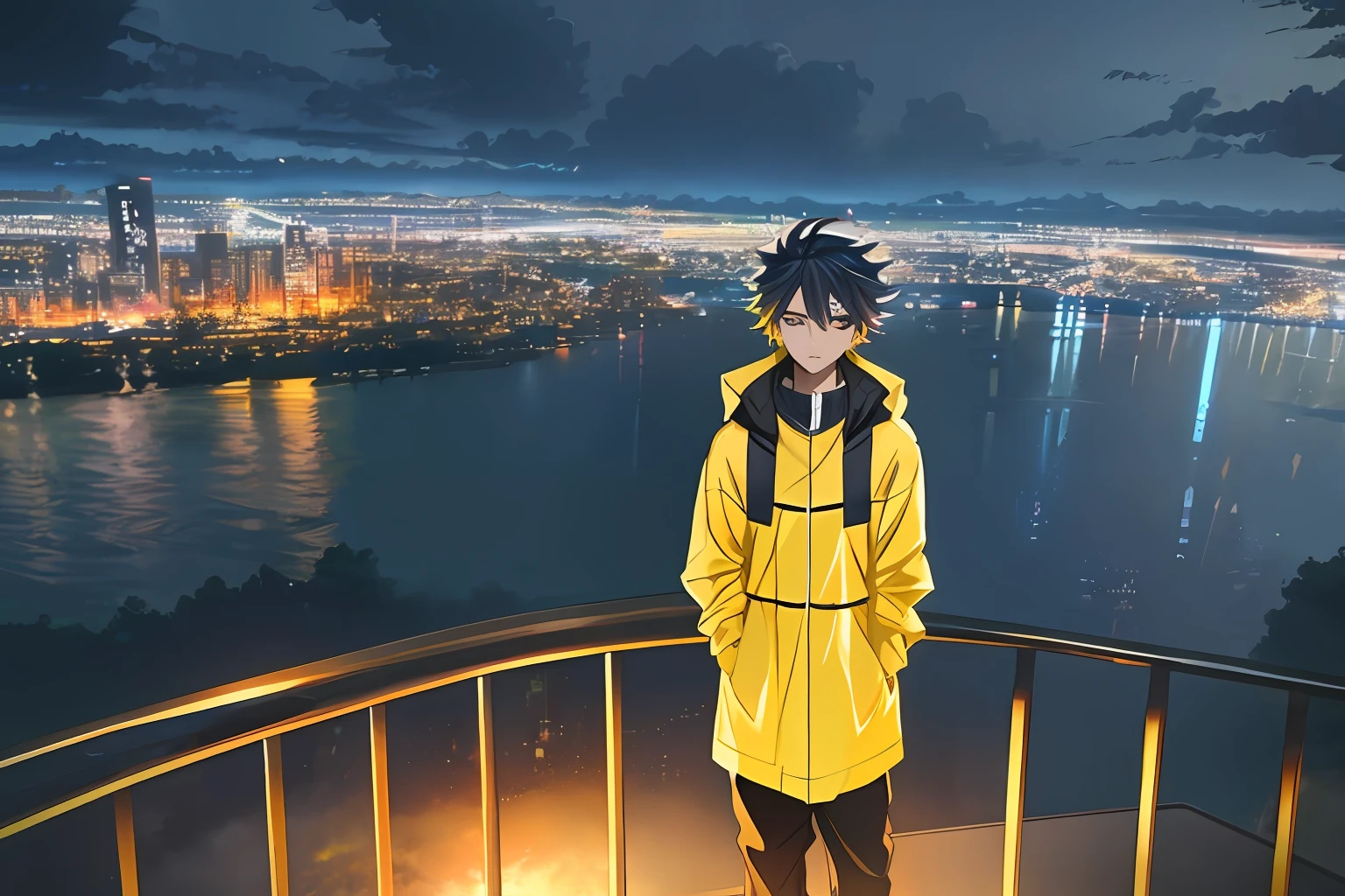 Anime boy in yellow raincoat standing on railing overlooking the city, Estilo anime , jovem garoto de anime, cabelo preto, olhos vermelhos anime estilo 2d, estilo anime. 8k, anime moe artstyle, estilo anime 4K, com uma cidade em segundo plano, badass anime 8k, hero pose colorful city lighting