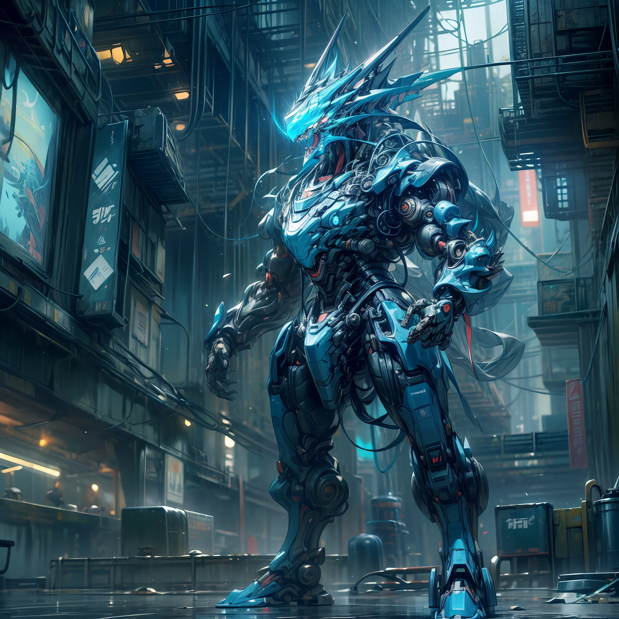 (anthropomorphism:1.5),(Full Body Shot), Cyberpunk, In the middle, 1 Blue Chinese Dragon mecha(Mechanical style Blue Chinese Dragon head, Blue glowing goggles, Gas mask), Standing on two legs, mechanical miracle, damaged Machine element,nobody, Moonlight, Dreamy Glow, ruined city, ( Global illumination, raytracing, HDR, unreal render,reasonable design, masterpiece, best quality, UHD, Cinematic Lighting)