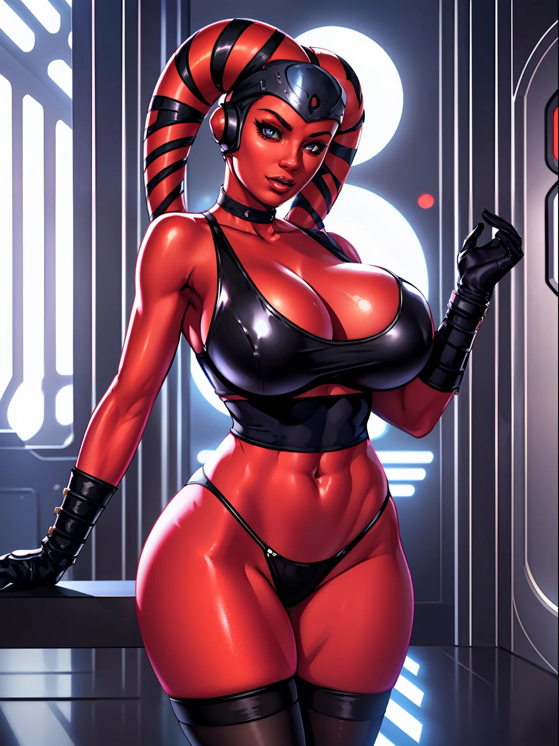 1girl, sexy Twi'lek with huge heavy tits, busty, masterpiece, best quality, high-definition, ((red skin), twi'lek), evil space knight, space ninja, (wearing black tank top, panties, socks, ((busty)), slender body, thin, slim sexy body, slim waist, ((gigantic breasts, huge breasts))), futuristic apartment,, Star Wars,