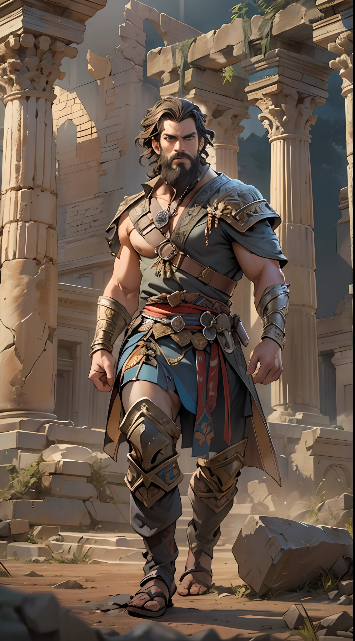 Sculpted hero, upper body uncovered, legs exposed from thighs to feet, bearded with beaded facial hair, luxuriant long curls, intricate muscularity, photorealistic portrayal, 4K resolution. Background: Epic battlefield with ancient ruins.,32k uhd, best quality, masterpiece, super detail, high details