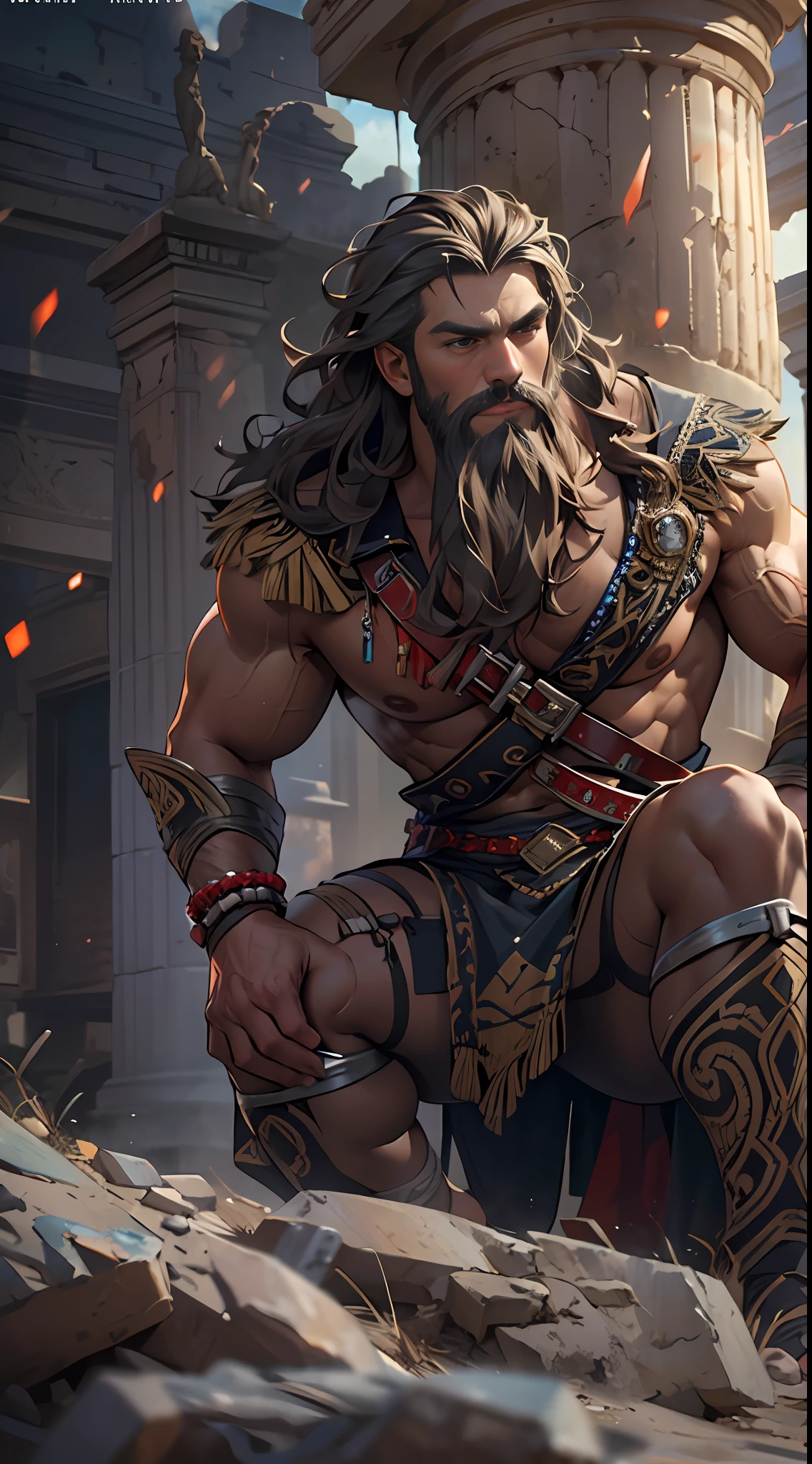 Sculpted hero, upper body uncovered, legs exposed from thighs to feet, bearded with beaded facial hair, luxuriant long curls, intricate muscularity, photorealistic portrayal, 4K resolution. Background: Epic battlefield with ancient ruins.,32k uhd, best quality, masterpiece, super detail, high details