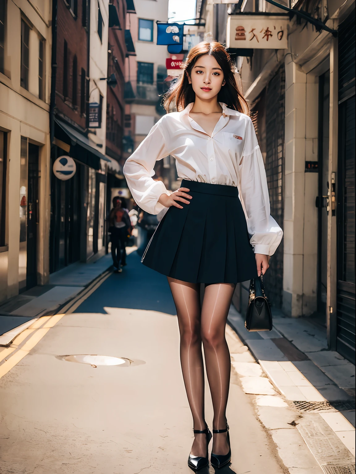 ,(RAW photo:1.2), (Photorealistic:1.4), Street photography,Beautiful Meticulous Girl, very detailed eyes and faces, Beautiful detailed eyes, ultra - detailed, A high resolution, The is very detailed,best qualtiy,tmasterpiece,The shirt,a skirt,illustratio,The is very detailed,unified,8k 壁纸,finely detailled,tmasterpiece,best qualtiy,Unity8k wallpapers,light in face,cinmatic lighting, 1girll, ,(Camel toes),(full bodyesbian),are standing,鎖骨,nipple tops,a black skirt,black lence stockings,high-heels,the street,城市