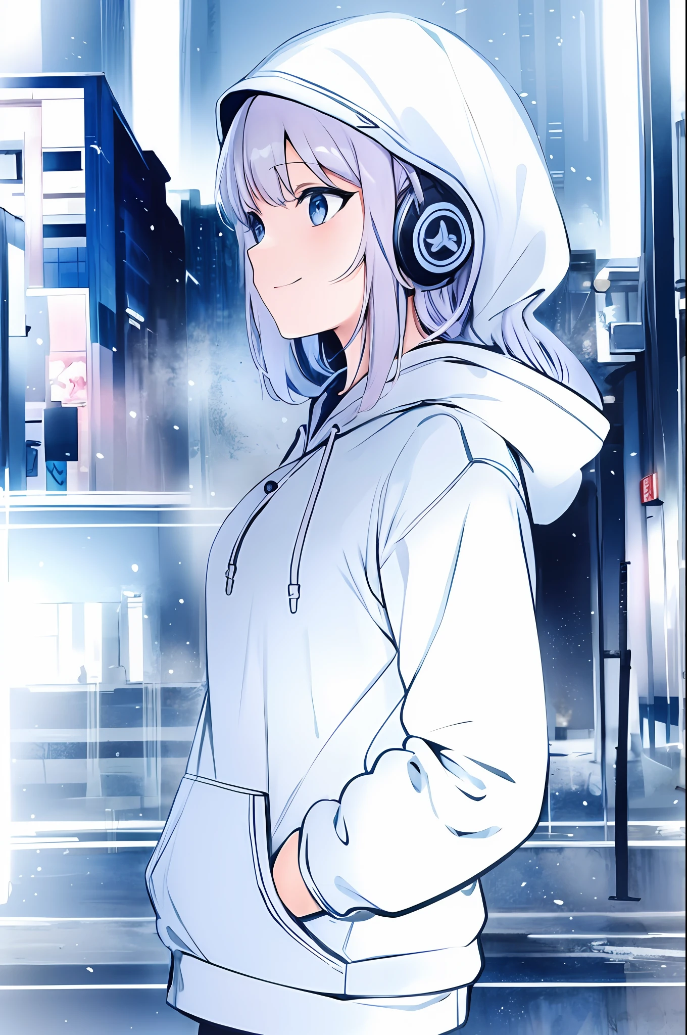 Anime girl in Hoodie standing in front of a city street, Garota de anime cyberpunk com capuz, estilo anime 4K, estilo anime. 8k, manga-style, com fones de ouvido, estilo de anime limpo e detalhado, fanart menina urbana, estilo anime moderno, estilo anime hiper detalhado, Contornos de anime limpos, 4 k manga wallpaper, com capuz, anime vibes, pintura aquarela, jatos de tinta