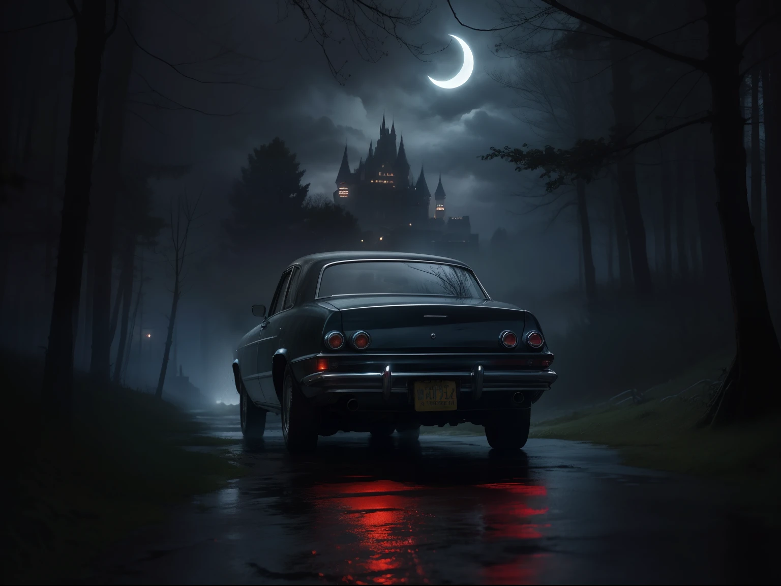 Rear view of an old car with headlights in the foreground、Heavy rain so heavy that you can't see ahead、Stormy night、foggy forest、(A large castle with no lights in the distance)、The Lost Forest、Crescent、deep in the night