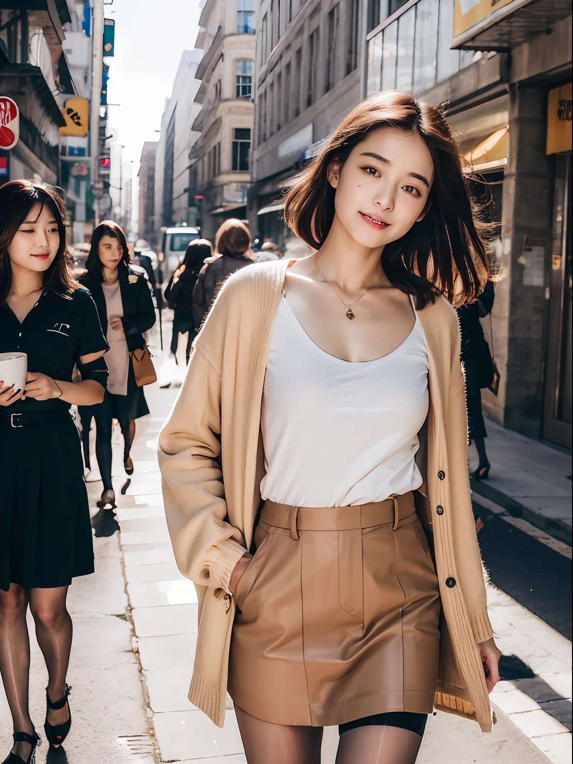 ,(RAW photo:1.2), (Photorealistic:1.4), Street photography,Beautiful Meticulous Girl, very detailed eyes and faces, Beautiful detailed eyes, ultra - detailed, A high resolution, The is very detailed，best qualtiy，tmasterpiece，The shirt，a skirt，illustratio，The is very detailed，unified，8k 壁纸，finely detailled，tmasterpiece，best qualtiy，Unity8k wallpapers，light in face，cinmatic lighting, 1girll, 16 years old，(Camel toes)，(full bodyesbian)，are standing，鎖骨，nipple tops,a black skirt，black lence stockings，high-heels，the street，城市