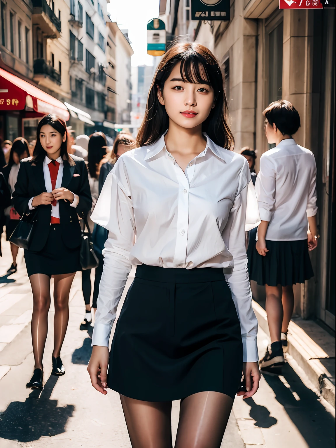 ,(RAW photo:1.2), (Photorealistic:1.4), Street photography,Beautiful Meticulous Girl, very detailed eyes and faces, Beautiful detailed eyes, ultra - detailed, A high resolution, The is very detailed,best qualtiy,tmasterpiece,The shirt,a skirt,illustratio,The is very detailed,unified,8k 壁纸,finely detailled,tmasterpiece,best qualtiy,Unity8k wallpapers,light in face,cinmatic lighting, 1girll, ,(Camel toes),(full bodyesbian),are standing,鎖骨,nipple tops,a black skirt,black lence stockings,high-heels,the street,城市