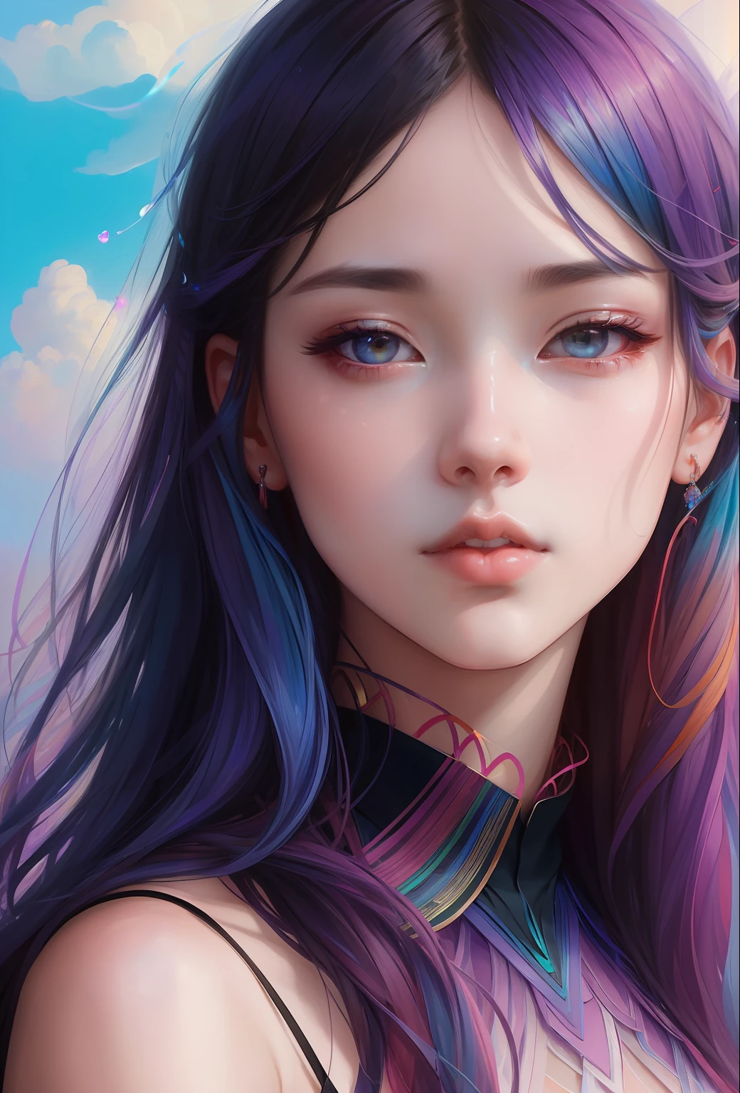 _james jean, floating female figure made of ribbons, smoke, in the sky, colorful and vibrant, mystical colors, contemporary impressionism, yanjun cheng portrait painting, iridescent painting, 3/4 perspective view, cute face, low angle, sweeping circling composition, large beautiful crystal eyes, big irises, UHD, HDR, 8K, (Masterpiece:1. 5), (the most beautiful portrait in the world:1.5)