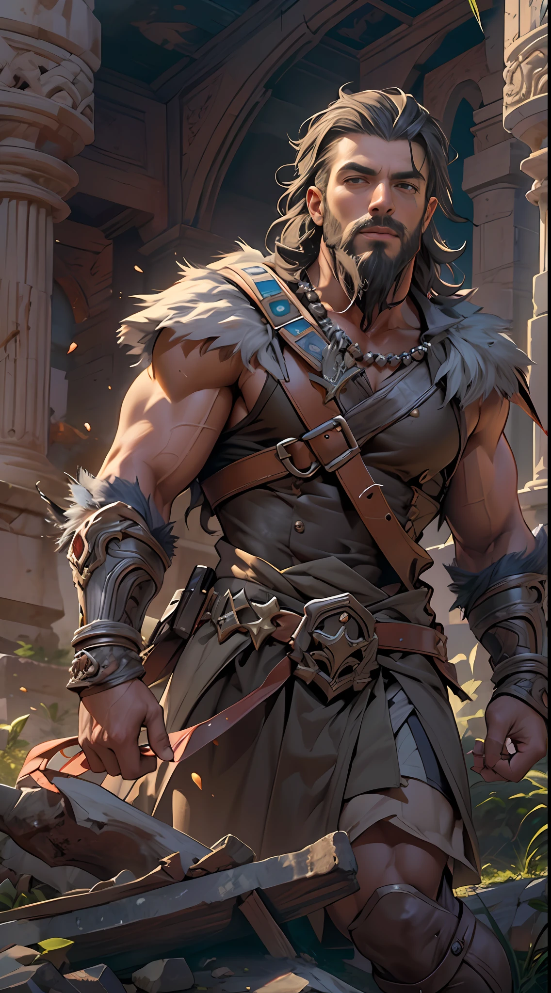 Sculpted hero, upper body uncovered, legs exposed from thighs to feet, bearded with beaded facial hair, luxuriant long curls, intricate muscularity, photorealistic portrayal, 4K resolution. Background: Epic battlefield with ancient ruins.,32k uhd, best quality, masterpiece, super detail, high details