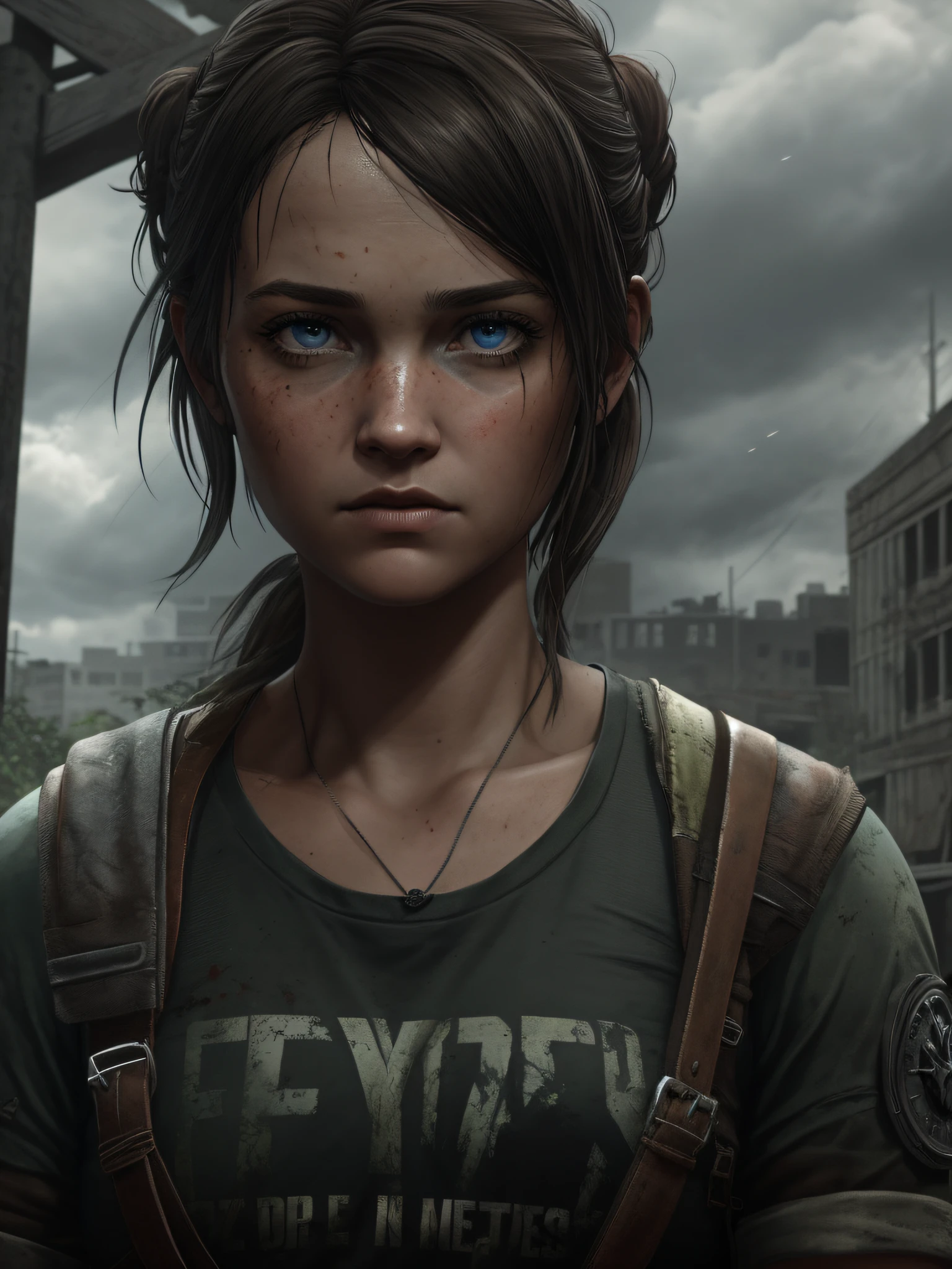 Imagine uma capa para o livro, sem titulo na imagem, A Story of Survival in the Zombie Apocalypse. A capa apresenta um fundo escuro e opressivo, with threatening clouds. No centro da capa, Destaques Vick, a protagonista corajosa, 14 anos, Holding the baby in your arms, olhos azul, Ellie Face The Last of Us Game. She's in a pose of determination, with the gaze reflecting courage and resilience. Ao redor de Vick, sombras sinistras de zumbis se destacam, conveying the constant threat she faces. The title "Fim" aparece em letras marcantes e impactantes, talvez com um efeito de textura ou sombreamento. detalhes sutis, as rubble or a symbol representative of the plot, can be added to accentuate the post-apocalyptic mood.