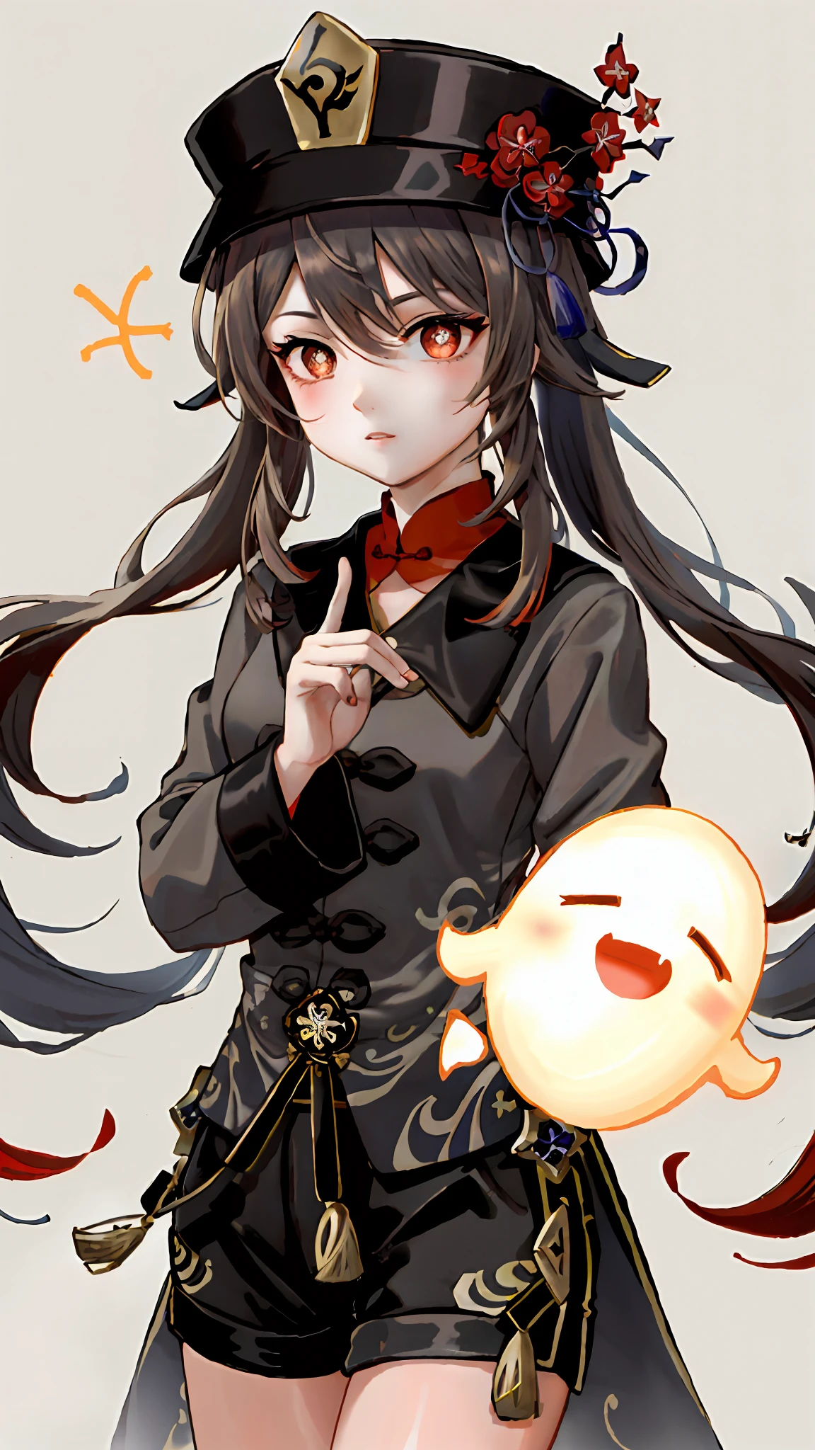 masterpiece, best quality,
1girl, hu tao (genshin impact), boo tao,hat, red eyes, twintails, brown hair, solo, symbol-shaped pupils, long hair,bangs, black shorts , chinese clothes,