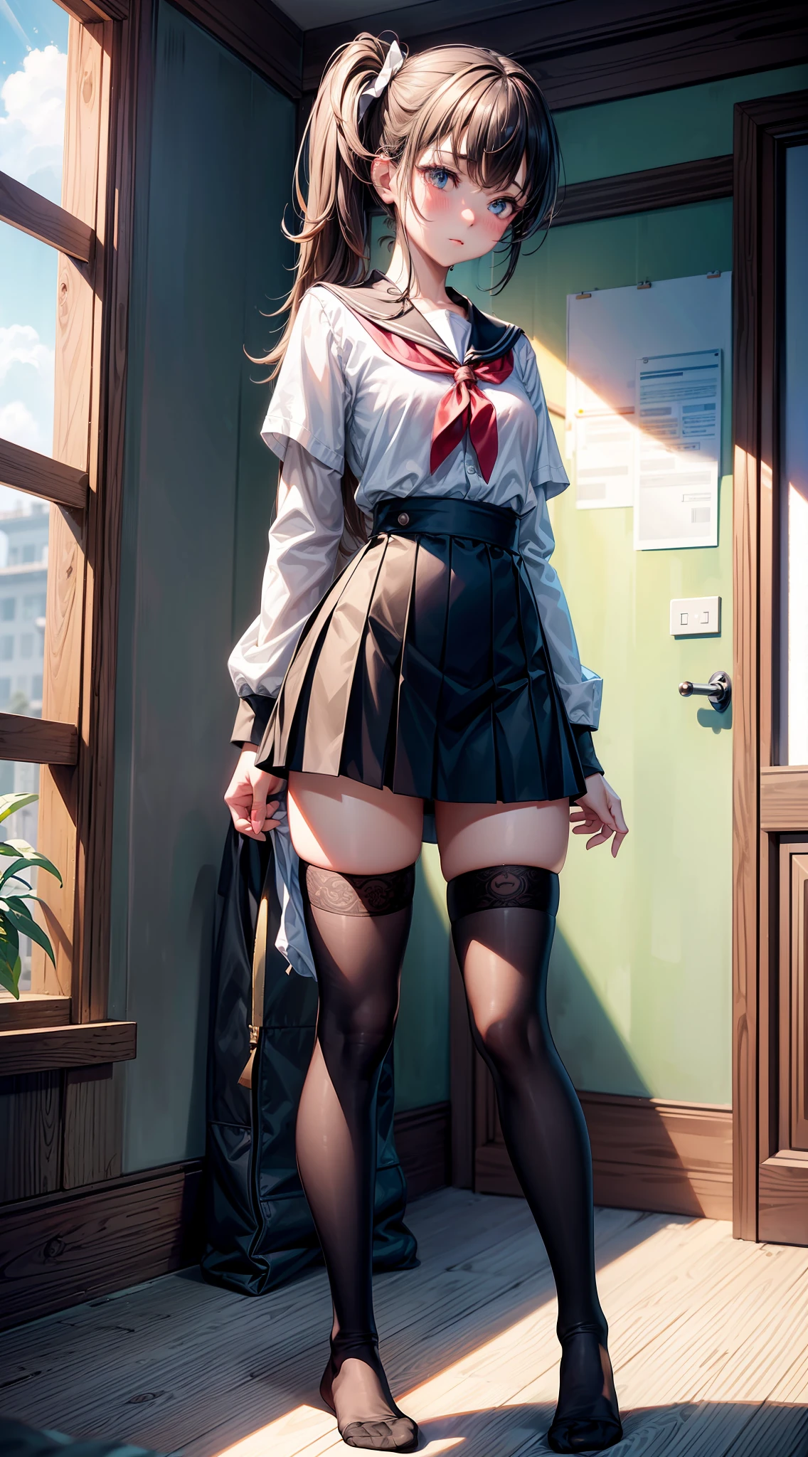 nudegirl,(((Masterpiece,Best quality,offcial art,Extremely detailed Cg Unity 8K wallpaper))) ,(Masterpiece:1.2, Best quality), (((Best quality))),(((Ultra detailed))),(((Masterpiece))),illustration, 1girll,Chinese, Slim figure,Students,indoor,Beautifully detailed eyes,Messy hair,Long hair, flipped hair,hair glowing,angle of view,((Blush)),((rough breath)),Black eyes,Perfect face,Small breasts,White school uniform,Perfect feet,uwabaki,Small waist,Side ponytail,,Head down,standing,black over-the-knee socks,(nsfw),brunette color hair,Eyes are confused,duck sitting