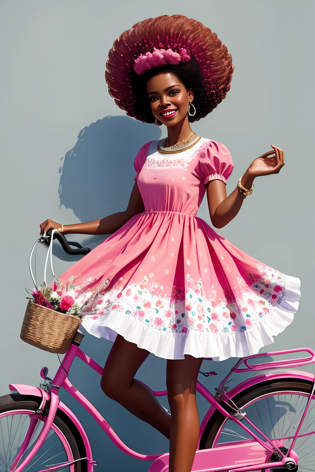 (64k, foto RAW, melhor qualidade, obra-prima: 1.2), ultra-detalhado, arte formal, fotorrealismo: 1.37, foto na parte superior do corpo, mulher ((AFRO AMERICANA,beleza, BARBIE,smiling and he smiles, pose sentada em uma bicicleta Rosa),num vestido lindo florido ,repleta de flores rosa)muitas flores coloridas)