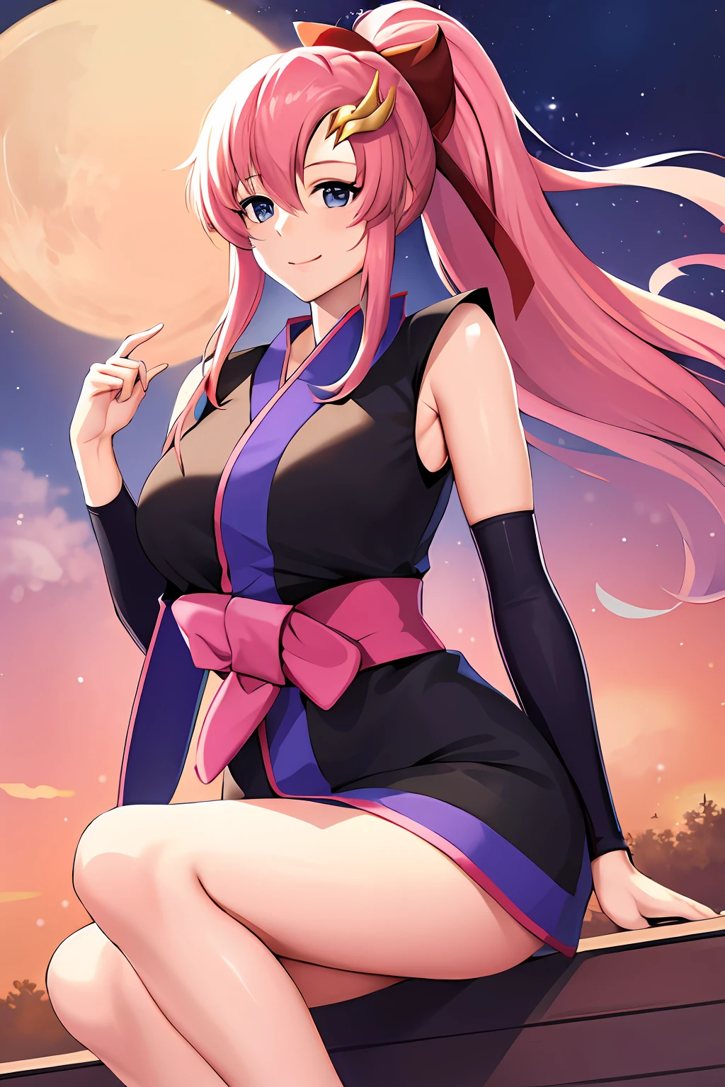 masterpiece, best quality, highres, lacus3, 1girl, solo, lacus3, pink hair, short kimono, blue eyes, hair ornament, very long hair, black sleeves, sleeveless, japanese clothes, bow, black kimono, hair bow, ponytail, floating hair, hair between eyes, large breasts, sitting, seat, spaceship, smile, armpit,