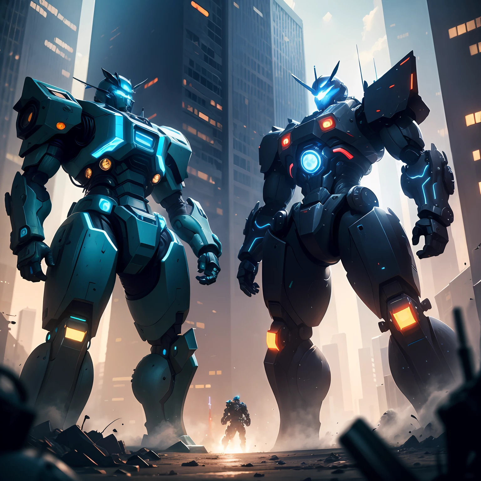 Two mechs against each other 1.2,cyber punk perssonage,Fight in the city of the future,8K,the detail,Steel texture,Sense of oppression,Mechanicalweapon,Blue sky,well-illuminated,Energy guns,Heavy mech