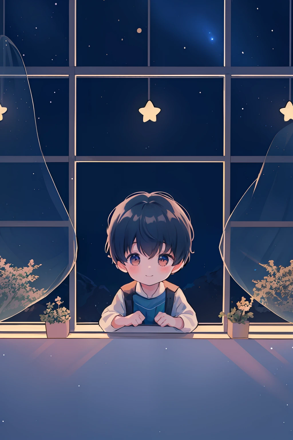 In a dark children's room a happy five-year-old boy looks out the window at the night sky outside, (8k illustration), (Best quality) (Intricate details) (8K)