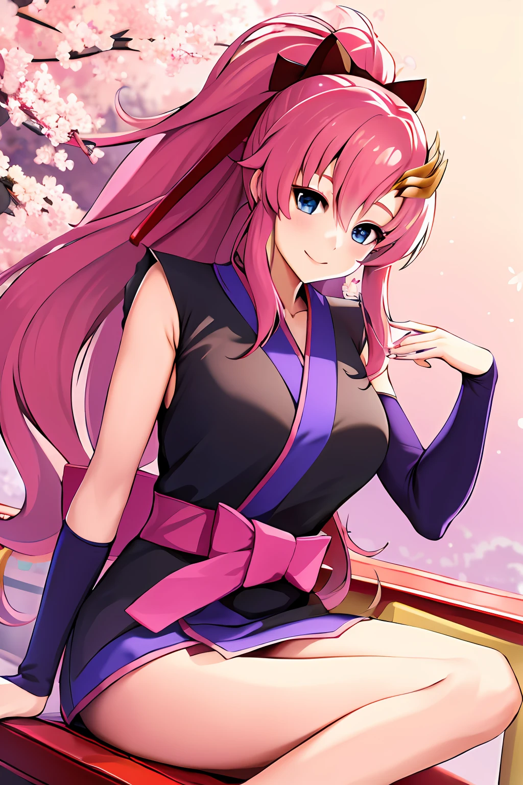 masterpiece, best quality, highres, lacus3, 1girl, solo, lacus3, pink hair, short kimono, blue eyes, hair ornament, very long hair, black sleeves, sleeveless, japanese clothes, bow, black kimono, hair bow, ponytail, floating hair, hair between eyes, large breasts, sitting, seat, spaceship, smile, armpit,