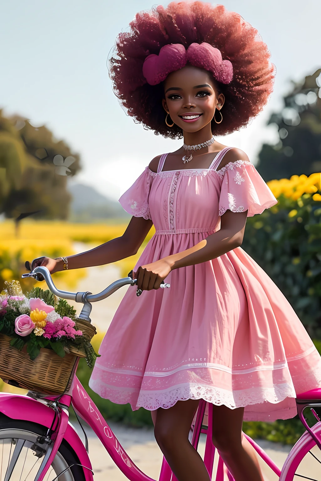 (64k, foto RAW, melhor qualidade, obra-prima: 1.2), ultra-detalhado, arte formal, fotorrealismo: 1.37, foto na parte superior do corpo, mulher  ((AFRO AMERICANA,beleza, BARBIE,smiling and he smiles, pose sentada em uma bicicleta Rosa),num vestido lindo florido ,repleta de flores rosa)muitas flores coloridas)