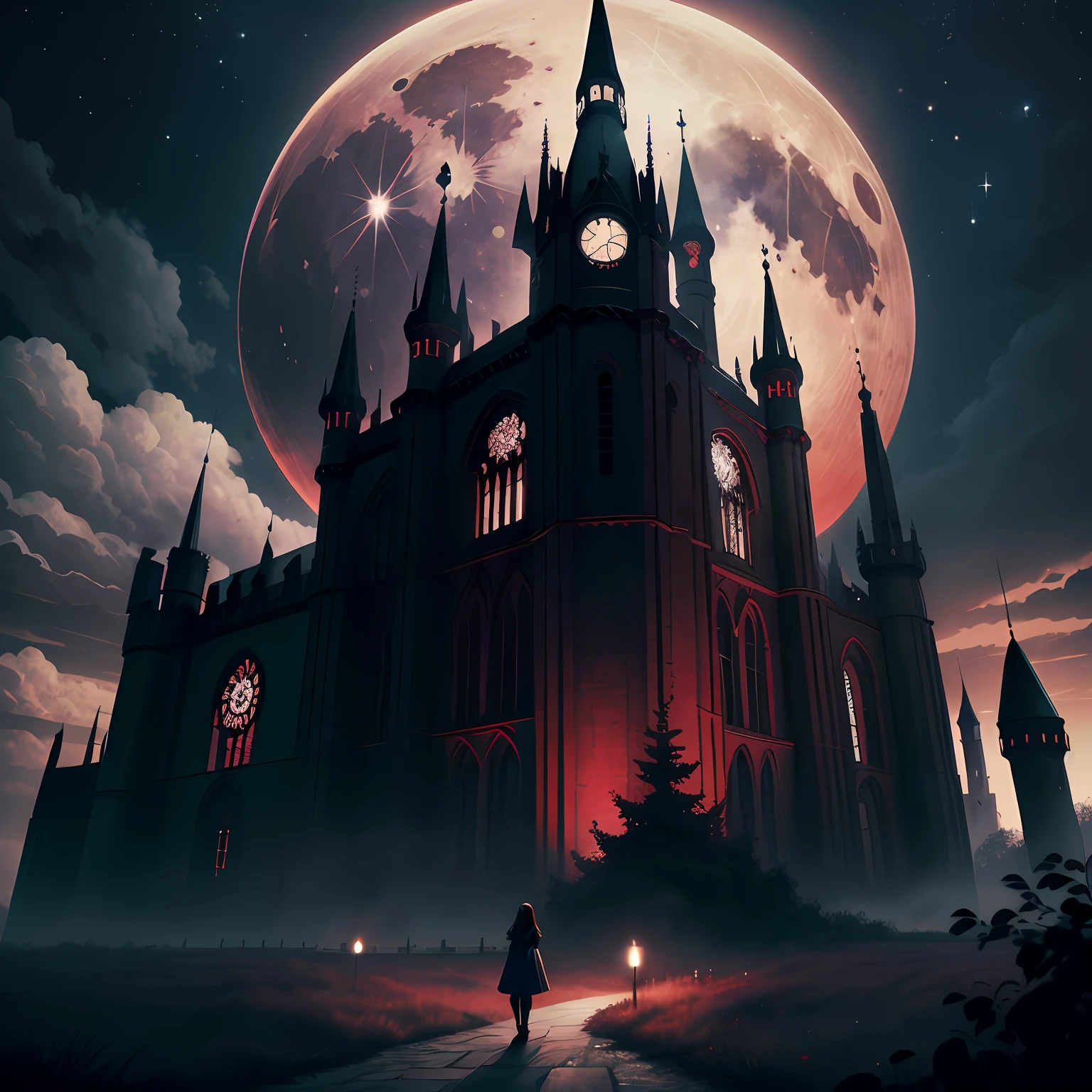 Night view of a Gothic castle with a bell tower and a full moon, dark fantasy illustration, dark fantasy style art, in a castle on an alien planet, an ominous fantasy illustration, dan mumford tom bagshaw, Gothic castle, dark but detailed digital art, stunning digital illustration, inspired by Andreas Rocha, dark fantasy art style, Stylized urban fantasy artwork