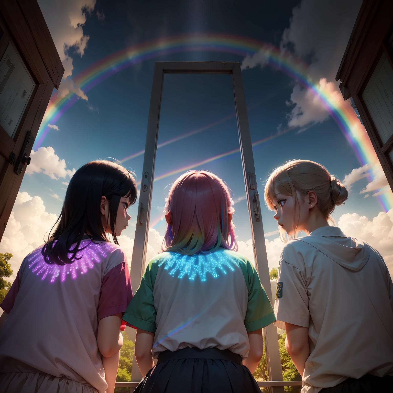 one day、Rion、merry、The three of Keno are、I was playing in a neighborhood park。
So suddenly、A mysterious glow appears in the sky、Rainbow-like colors spread。
The three of them were surprised but curious.々When I was staring at the rainbow、A door emerged in the center of the rainbow。