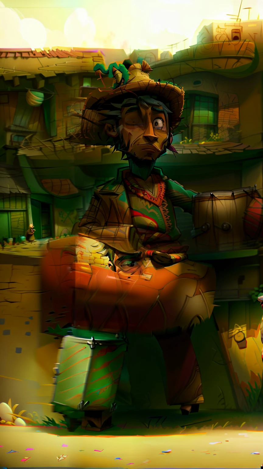 Cartoon of a man with a hat and a drum in front of a building, animation still, animation movie still, animation movie still, animation still screencap, An illustraion, hand - drawn animation, desenho animado ainda, stylised illustration, Directed by: Emma Rios, Directed by: CeFerí Olivé, video animation, animation illustrative style, filme ainda de um desenho animado
